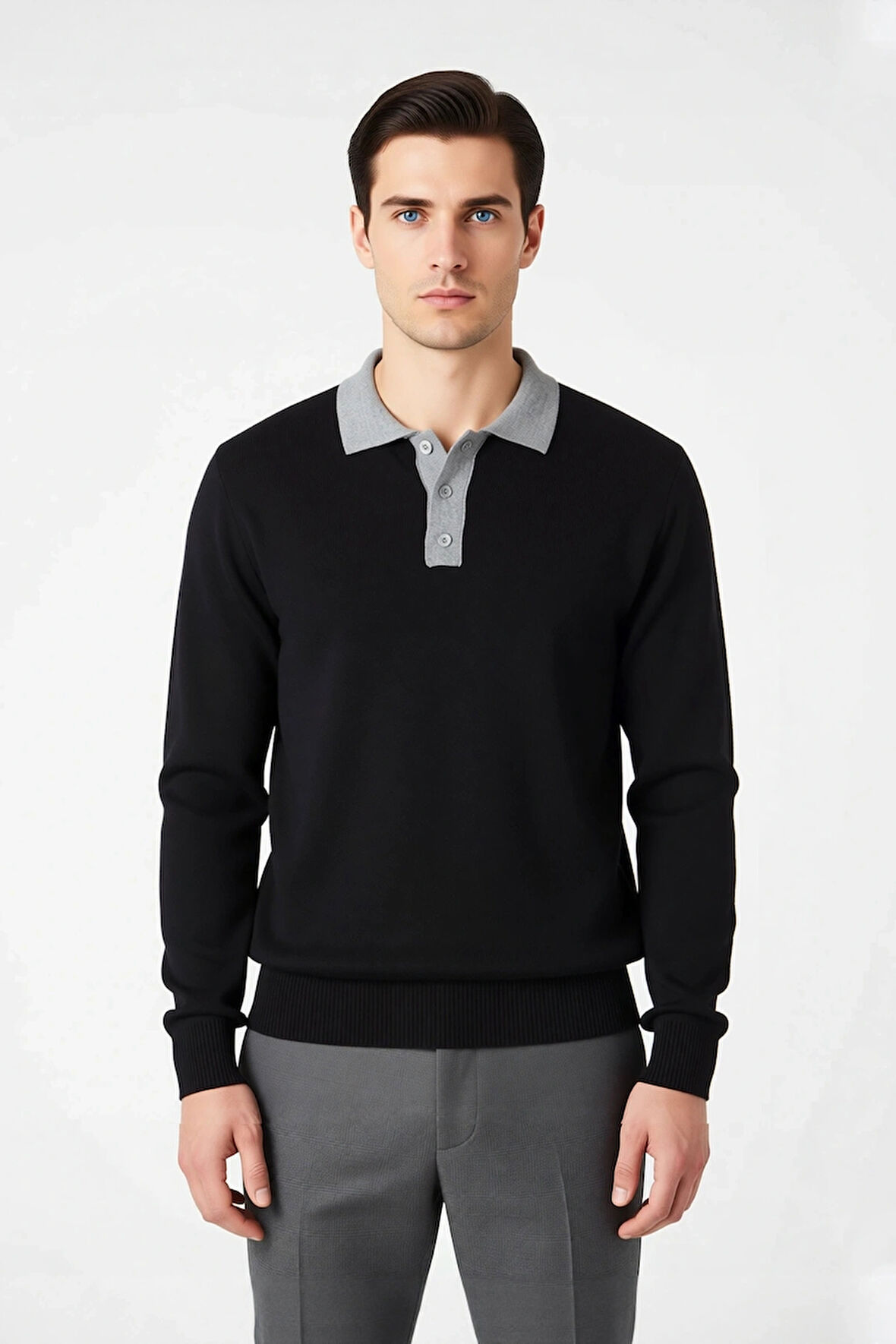 Erkek Polo Yaka Renk Bloklu Triko Kazak Regular Kalıp Uzun Kol Soğuk Havalar İçin Modern Stil