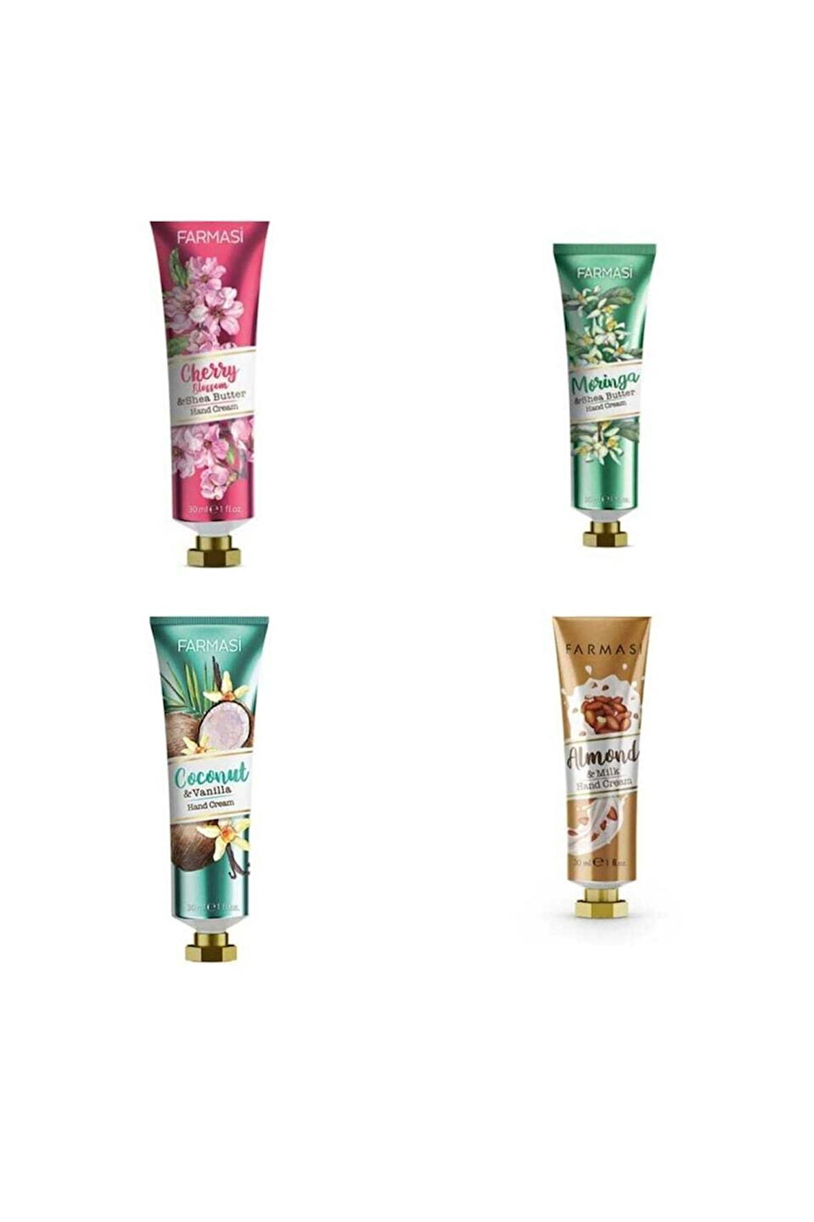 Kiraz Çiçeği 30 Ml & Moringa 30 Ml & Coconut Vanilla 30 Ml & Bademli Sütlü El Kremi 30 Ml 4 Lü
