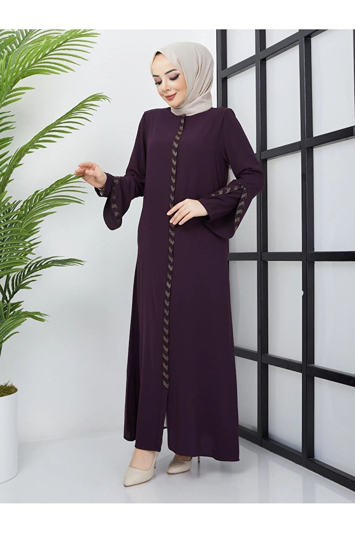 Kolu Lazer Kesimli Taşlı Medine Ipeği Yazlık Ferace