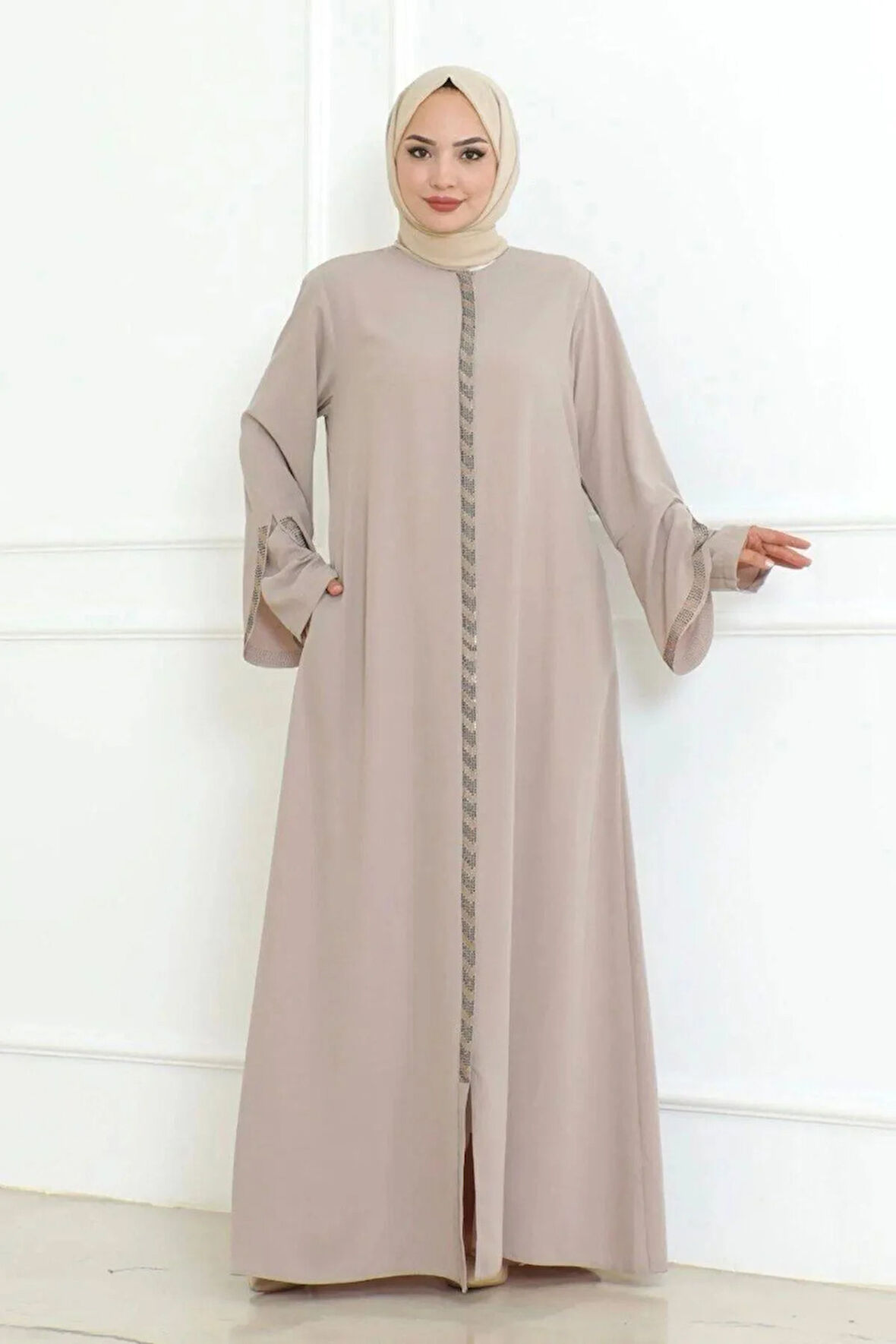 Kolu Lazer Kesimli Taşlı Medine Ipeği Yazlık Ferace