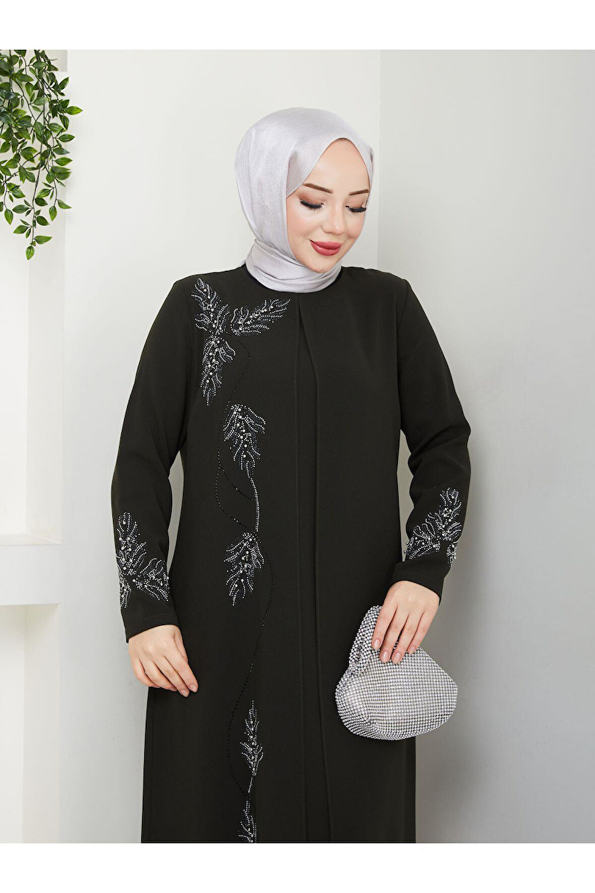 Büyük Beden Yaprak Taşlı Anne Elbisesi En7008