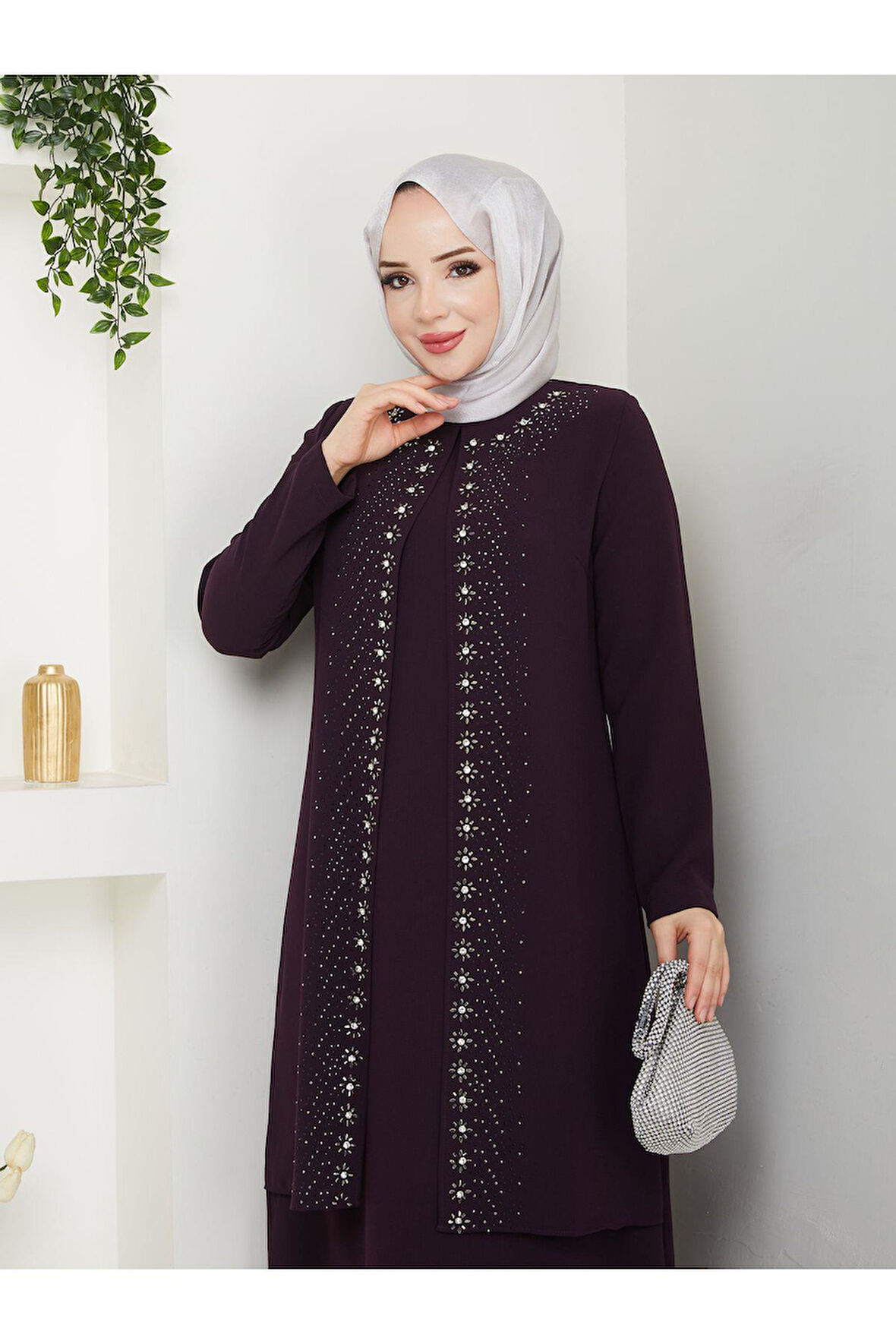 Papatya Taşlı Büyük Beden Anne Elbisesi