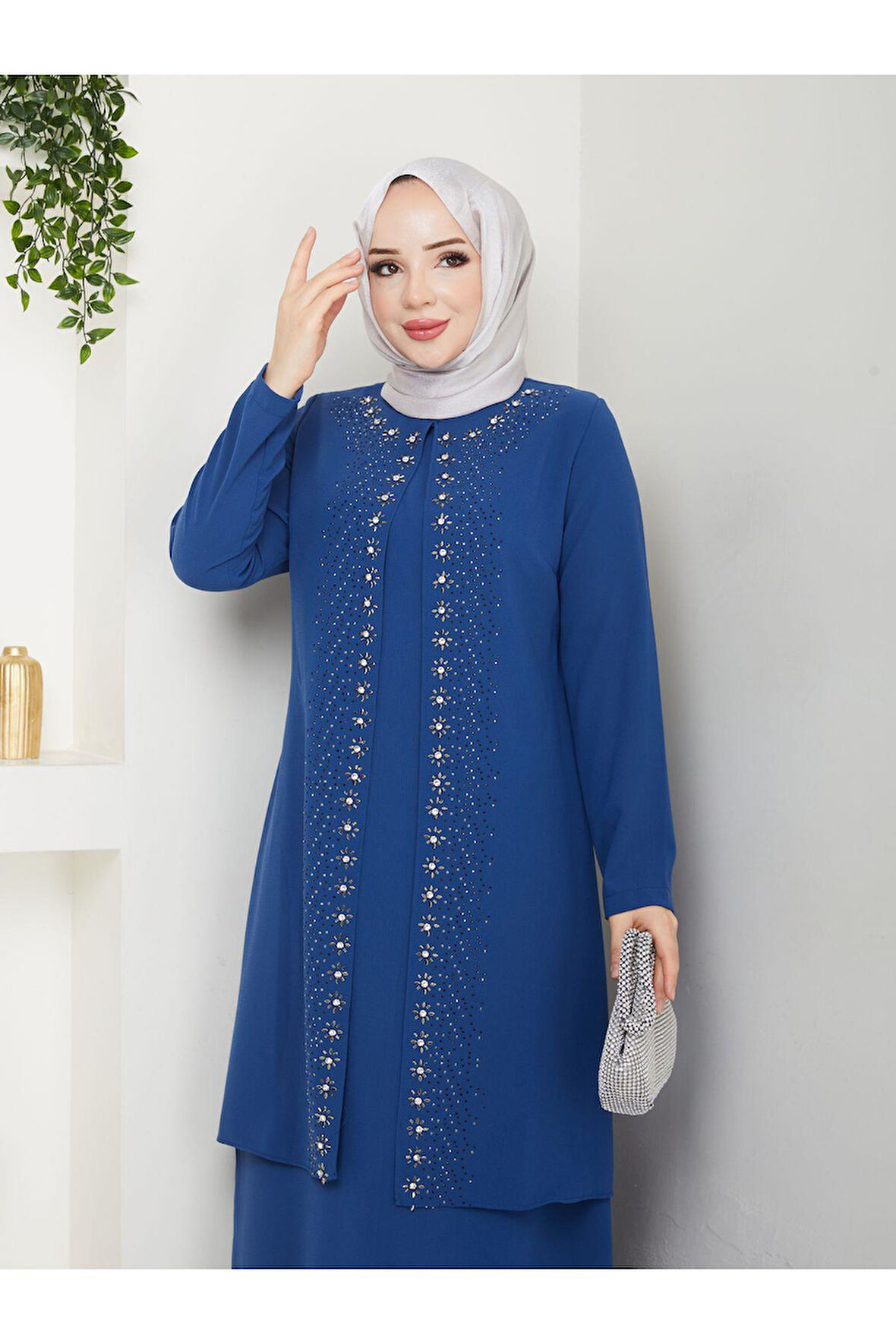 Papatya Taşlı Büyük Beden Anne Elbisesi