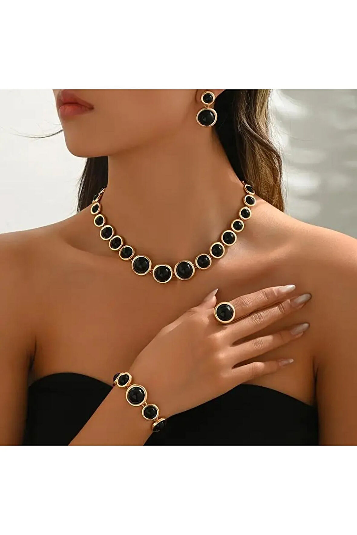 4 adet Retro Moda Geometrik Daireli Kolye Bilezik Küpe Yüzük Seti, Siyah Akrilik Küre Parçaları