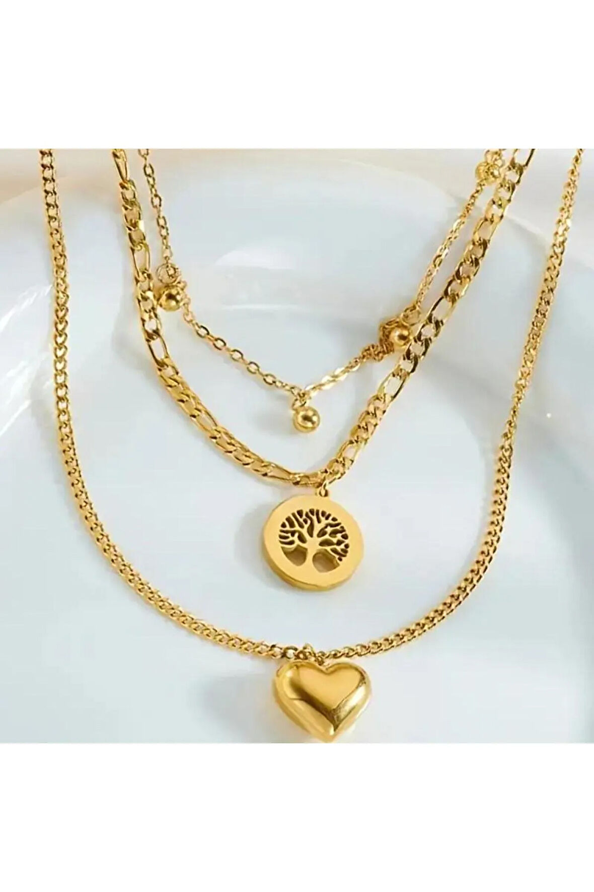 Altın Paslanmaz Çelik Kübik Katmanlı Kolye - Yaşam Ağacı & Kalp Kolye Ucu Çok Katmanlı Zincir Takı