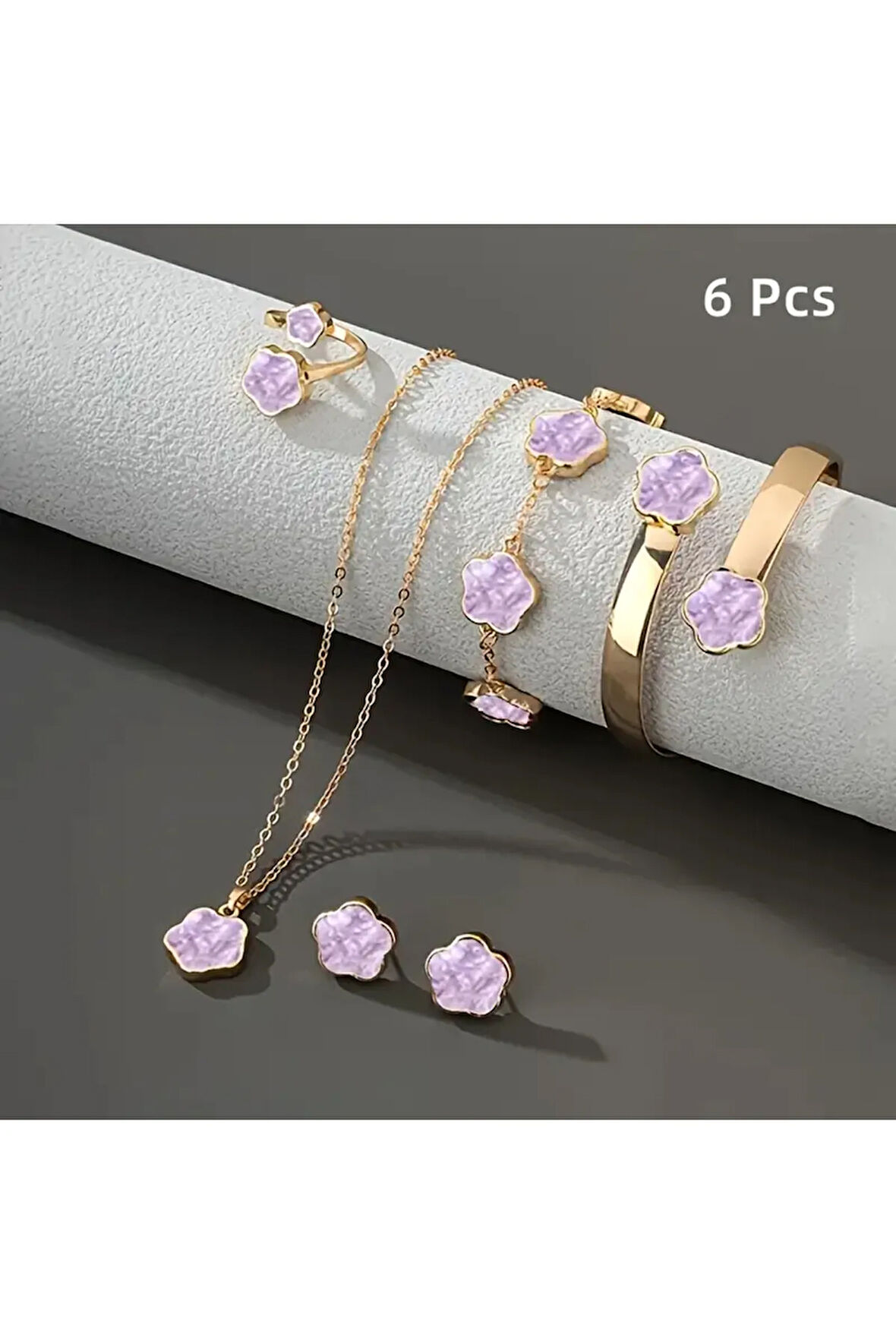 4'lü Set, Yaz Çiçeği ve Yonca Kolye, Küpe, Bileklik, Yüzük, Kadınlar İçin Mor Renkli Aksesuar Takımı