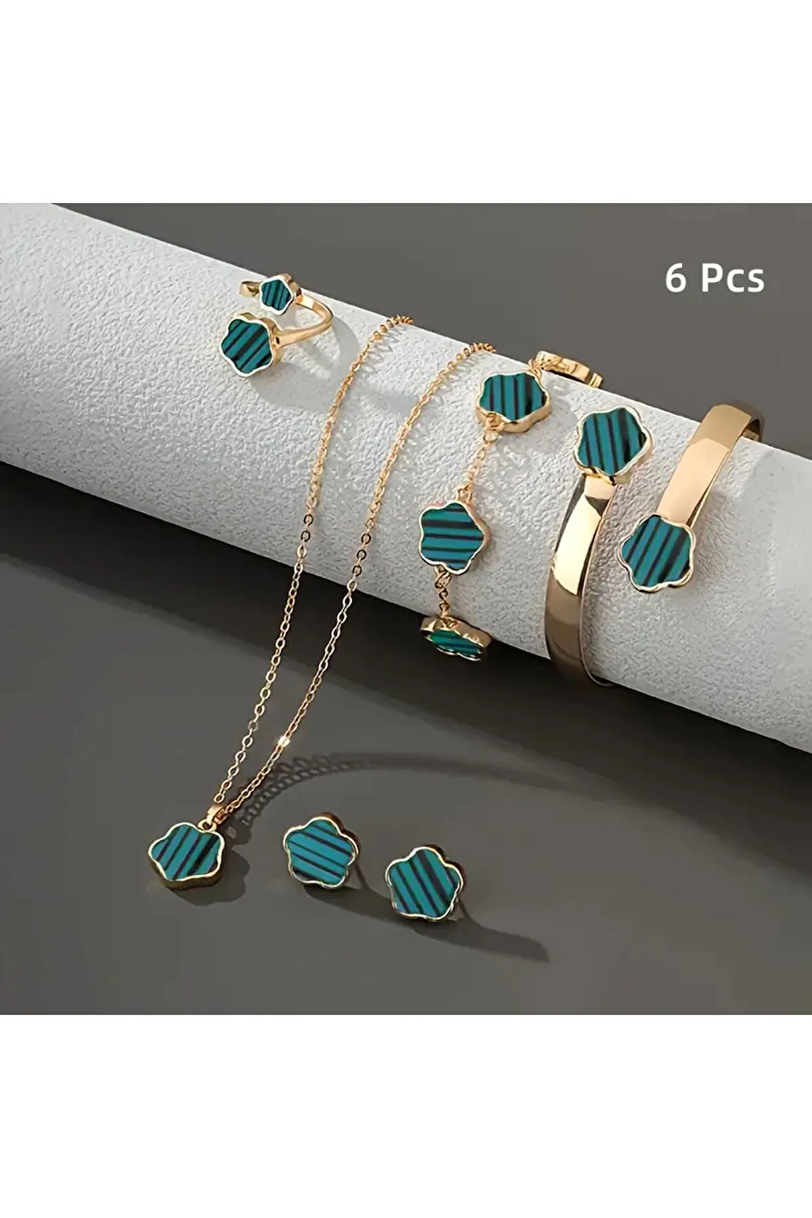 4'lü Set, Yaz Çiçeği ve Yonca Kolye, Küpe, Bileklik, Yüzük, Kadınlar İçin Yeşil Renk Aksesuar Takımı