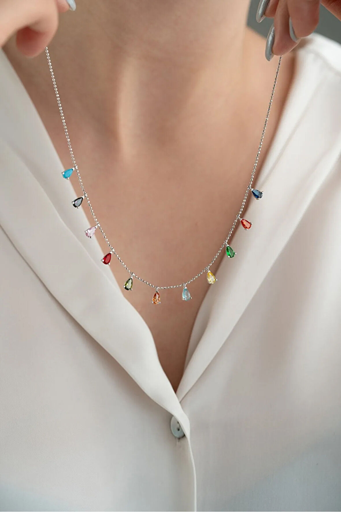 925 Ayar Gümüş Rodyum Kaplama Sıralı Damla Mix Taşlı Kadın Kolye