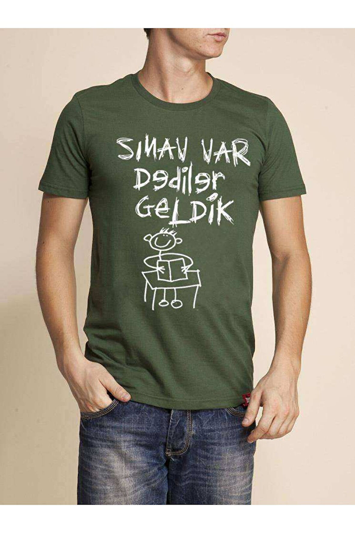 Tshirthane Sınav var  O Yaka Yeşil Komik Baskılı Erkek Dar Kesim Slim Fit t-shirt