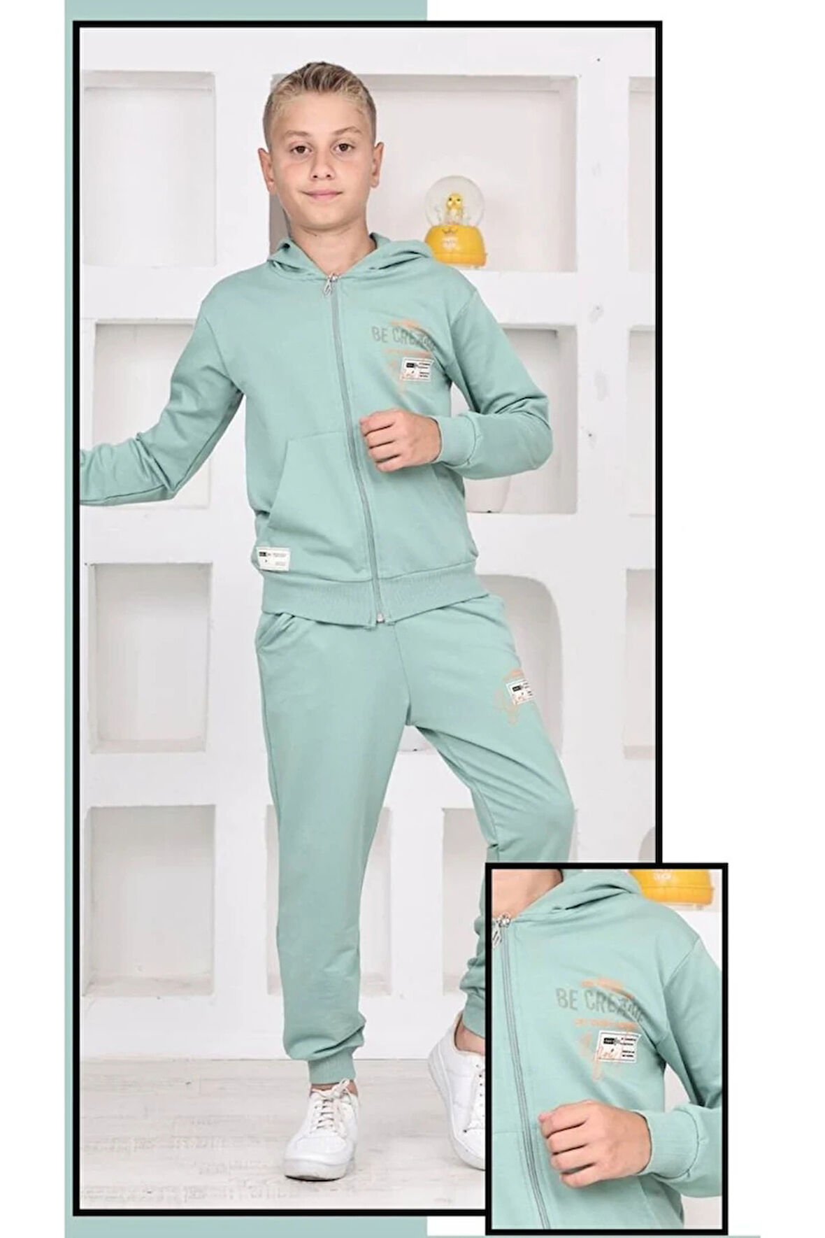 PJK2İ Be Creatıve Desenli Yeşil 2 İp %100 Pamuk Erkek Çocuk Fermuarlı Eşofman Takımı 5-14 Yaş 7265-Y