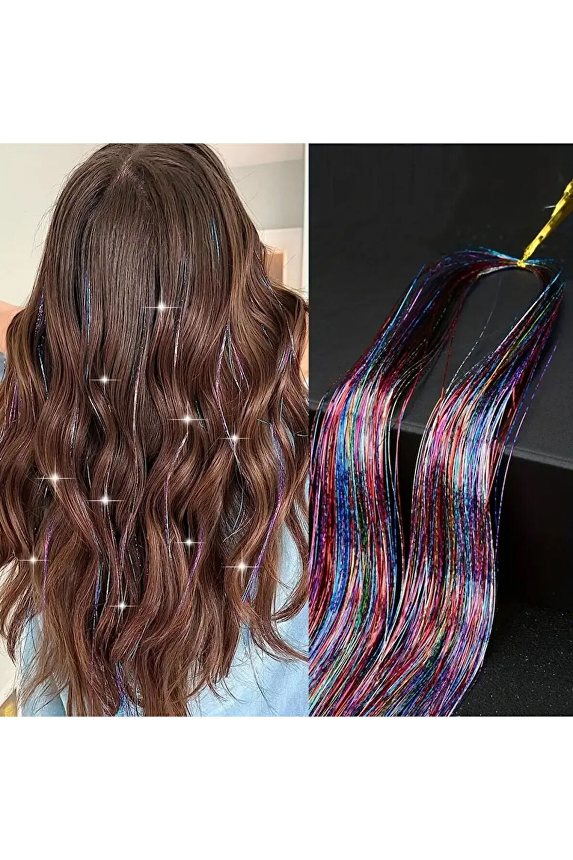 Hair Tinsel Saç Simi- Karışık Renk Boncuksuz / Ht12 Her Tel Farklı Renkli Gökkuşağı Gibi