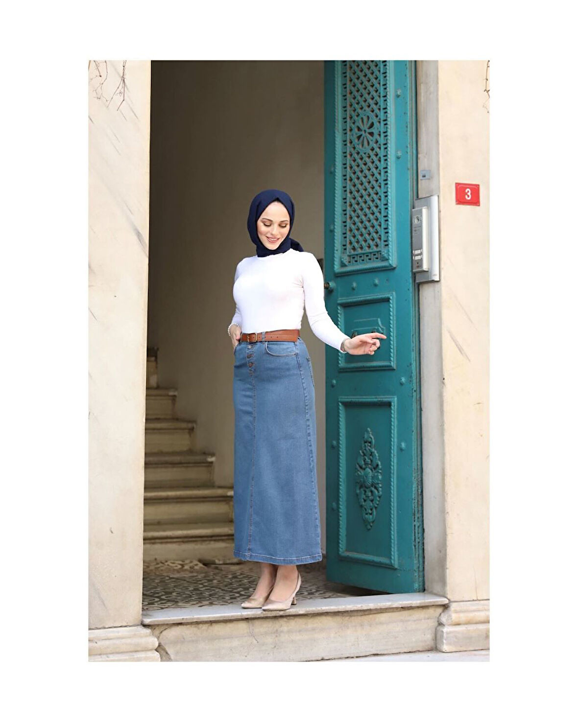 Doğal Kumaşlı Kemerli Kot Etek MAVİ