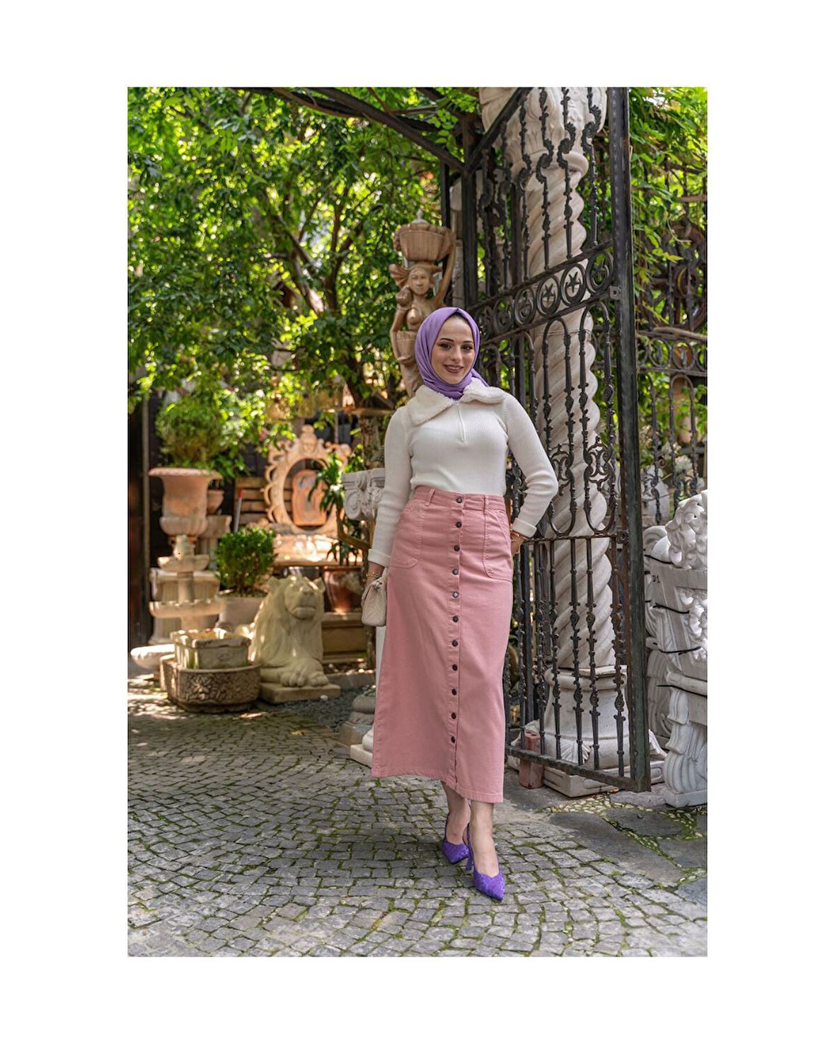 Boydan Düğmeli Gabardin Etek Pudra-596