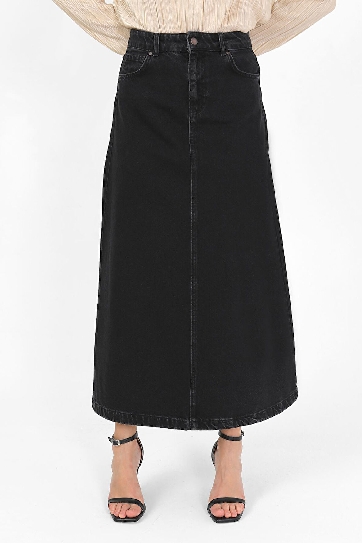 YÜKSEK BEL A KESİM DENİM ETEK Siyah