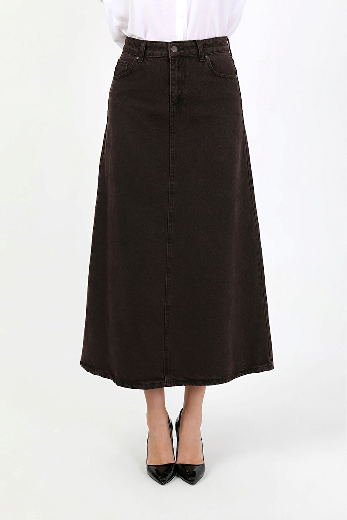 YÜKSEK BEL A KESİM DENİM ETEK KAHVERENGİ