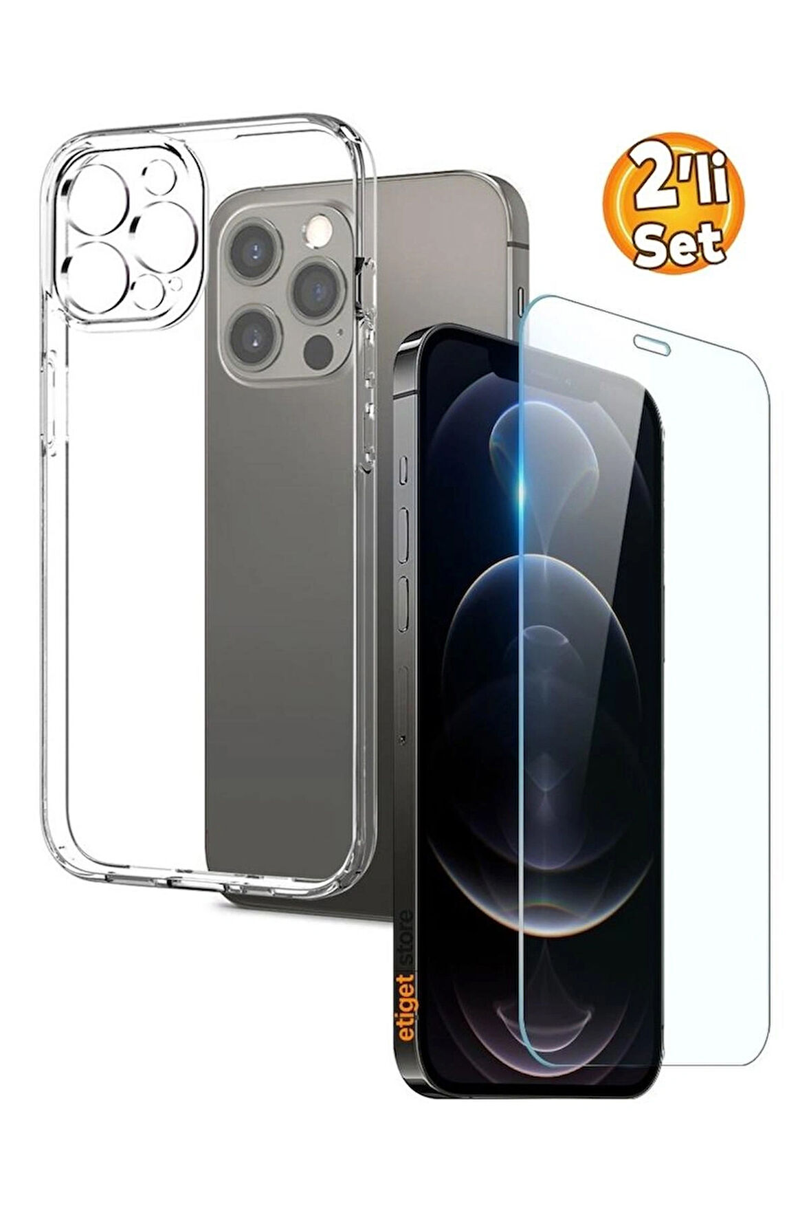 iPhone 12 Pro Şeffaf Kılıf + Cam Ekran Koruyucu Seti