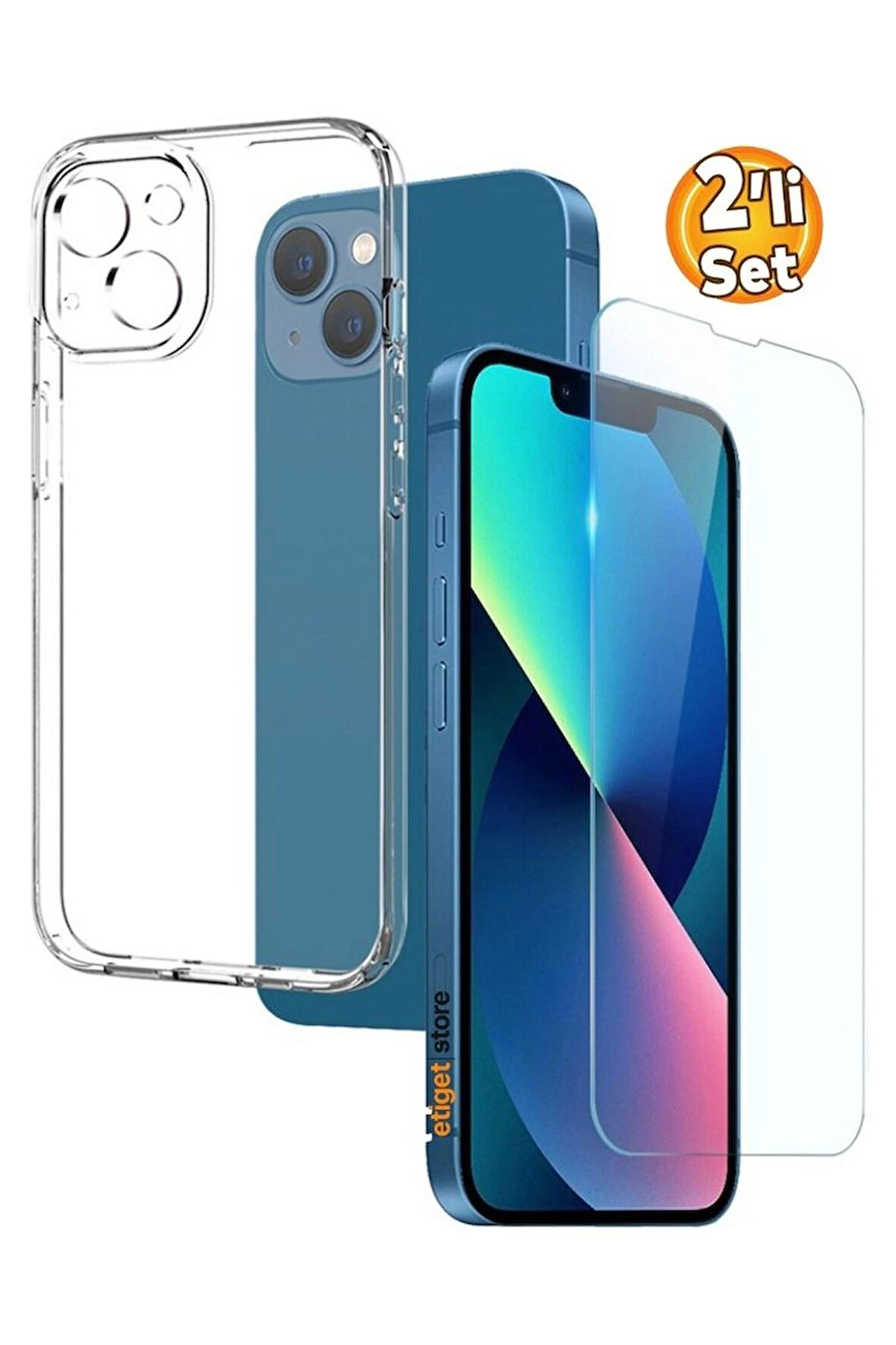 iPhone 13 Şeffaf Kılıf + Cam Ekran Koruyucu Seti