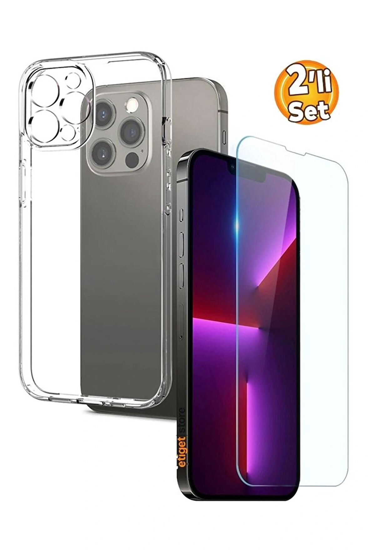 iPhone 13 Pro Max Şeffaf Kılıf + Cam Ekran Koruyucu Seti