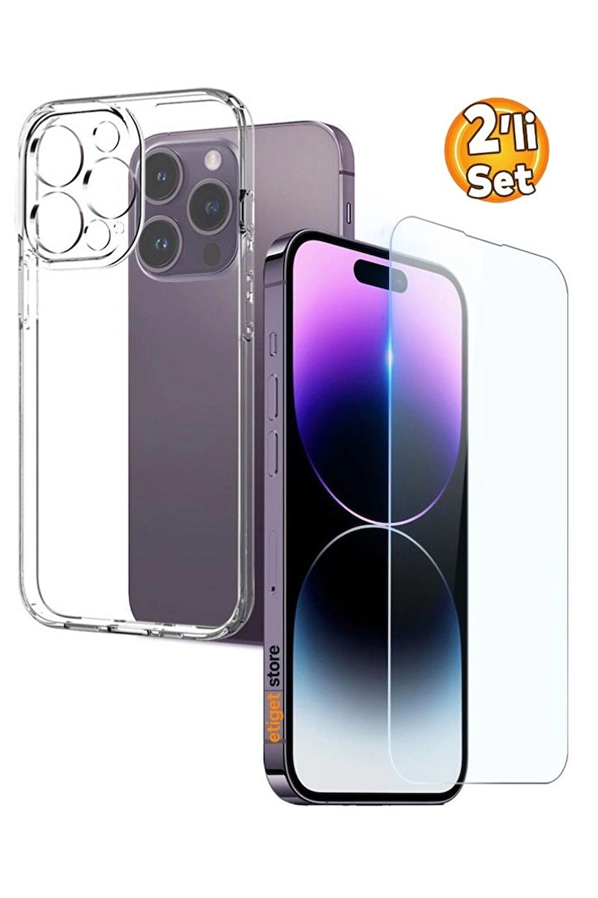 iPhone 14 Pro Şeffaf Kılıf + Cam Ekran Koruyucu Seti