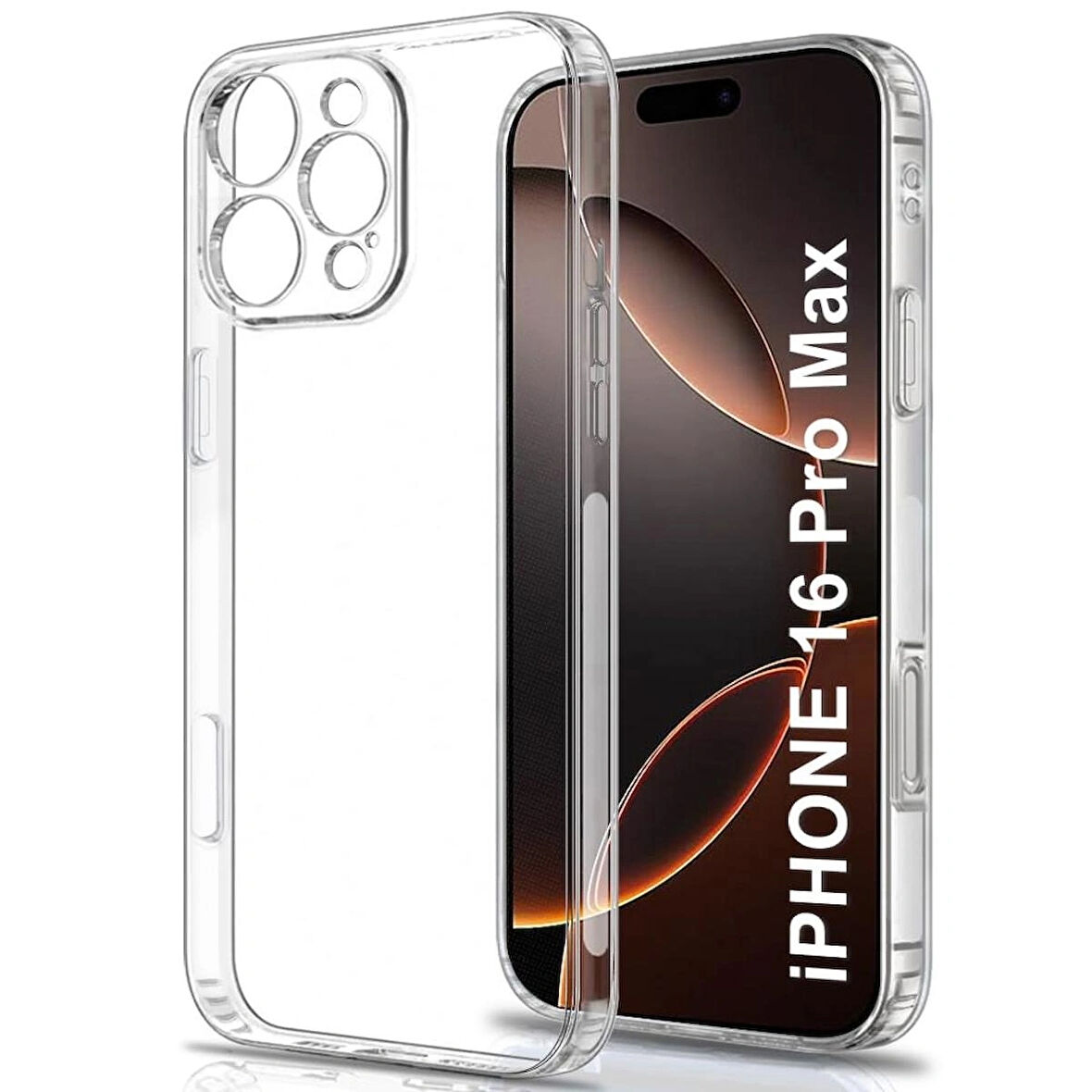 iPhone 16 Pro Max Kılıf Şeffaf Silikon / Kamera Korumalı / Şarj Yeri Tıpalı / 