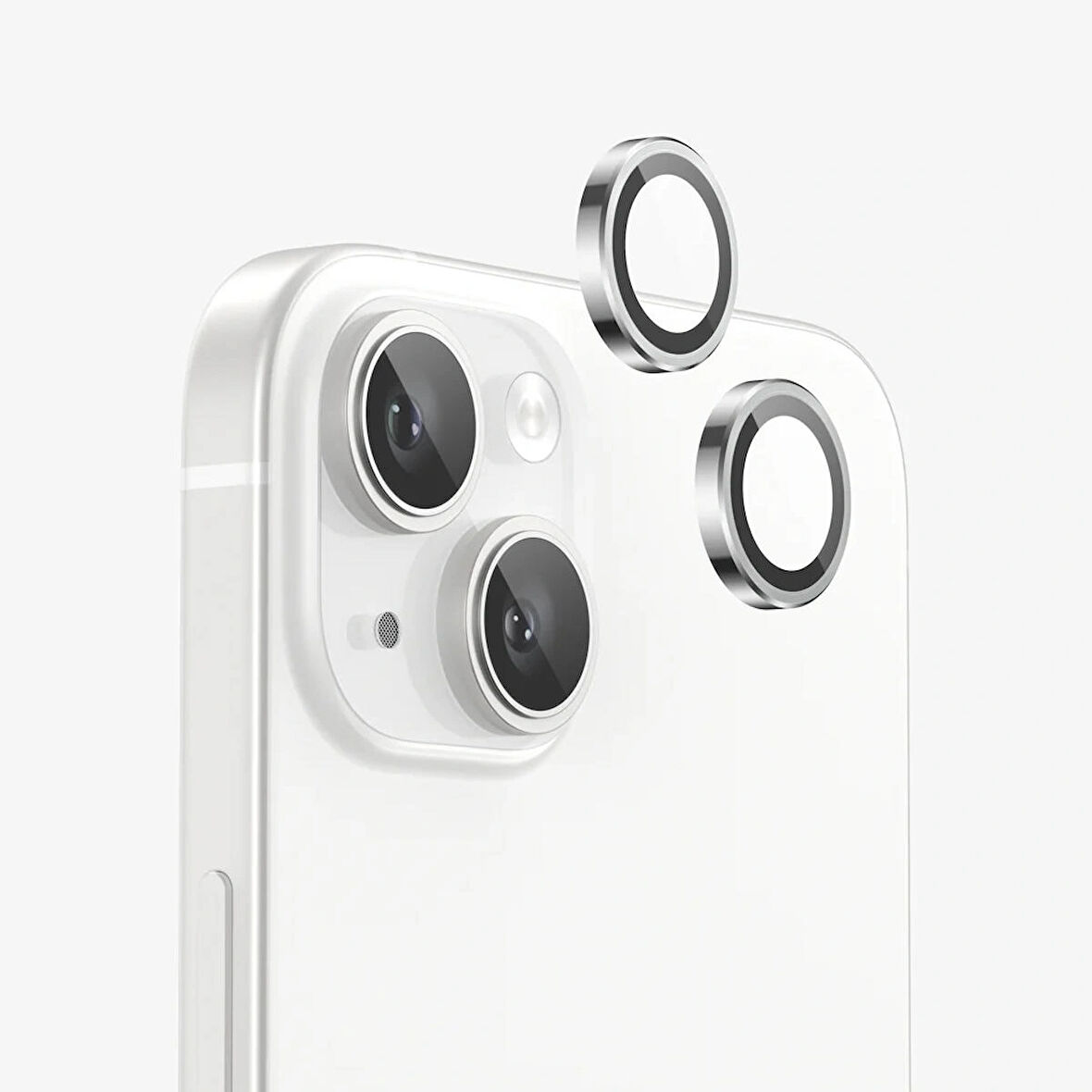 iPhone 15 / 15 Plus Kamera Lens Koruyucu ''Safir Cam & Kolay Kurulum'' (Beyaz)