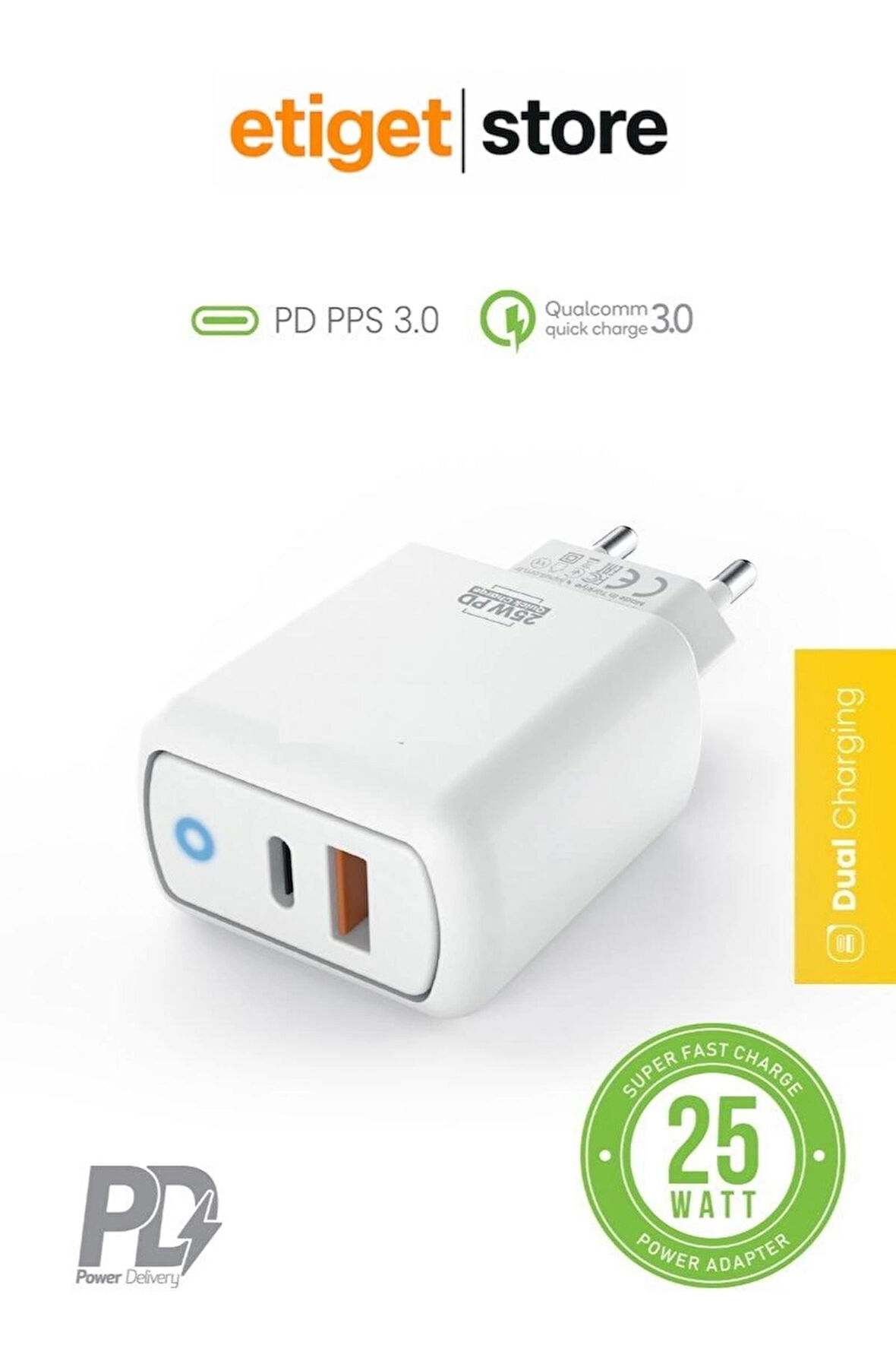 25W Hızlı Şarj Adaptörü – 2'si 1 Arada Başlık | USB & PD 3.0 Type-C Destekli