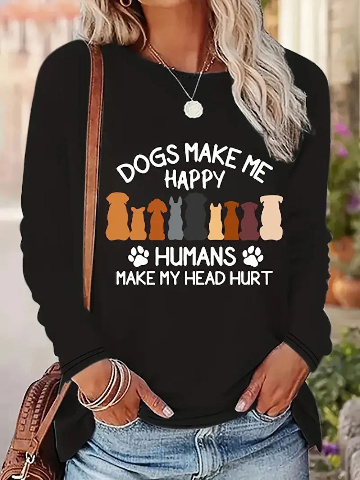 Kadın Uzun Kollu Bisiklet Yaka Köpek Resimli Viskon Bluz