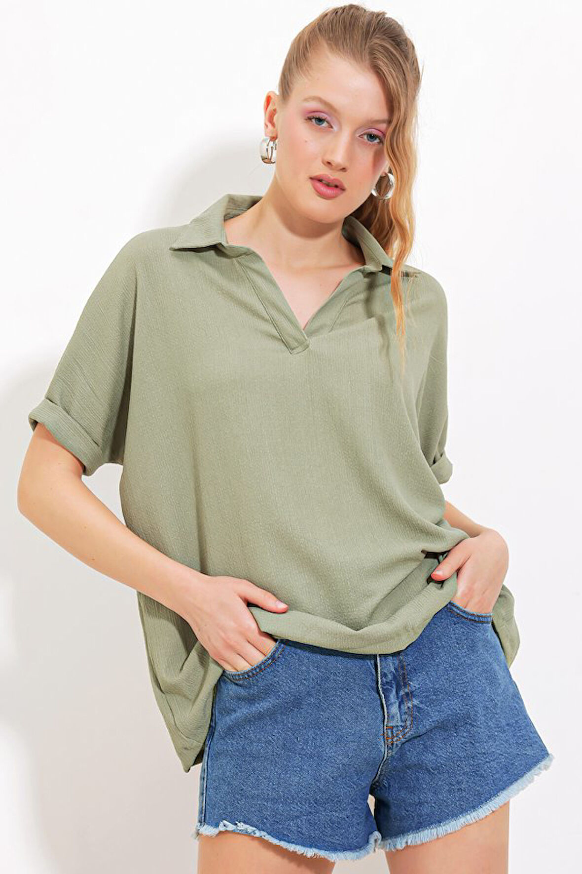 Çağla Oversize Polo Yaka Örme Bluz 0486