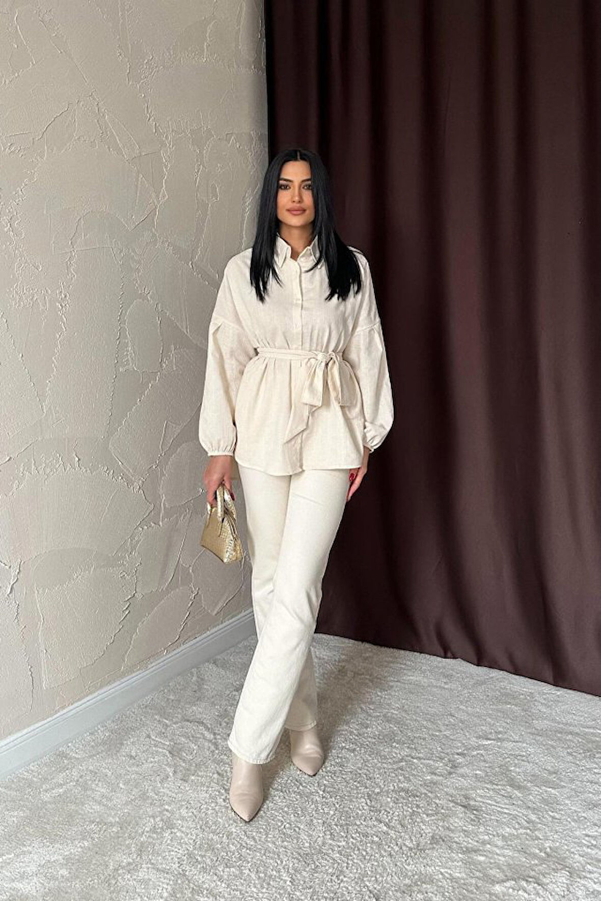 Bej Petek Jakar Kumaşlı Gömlek