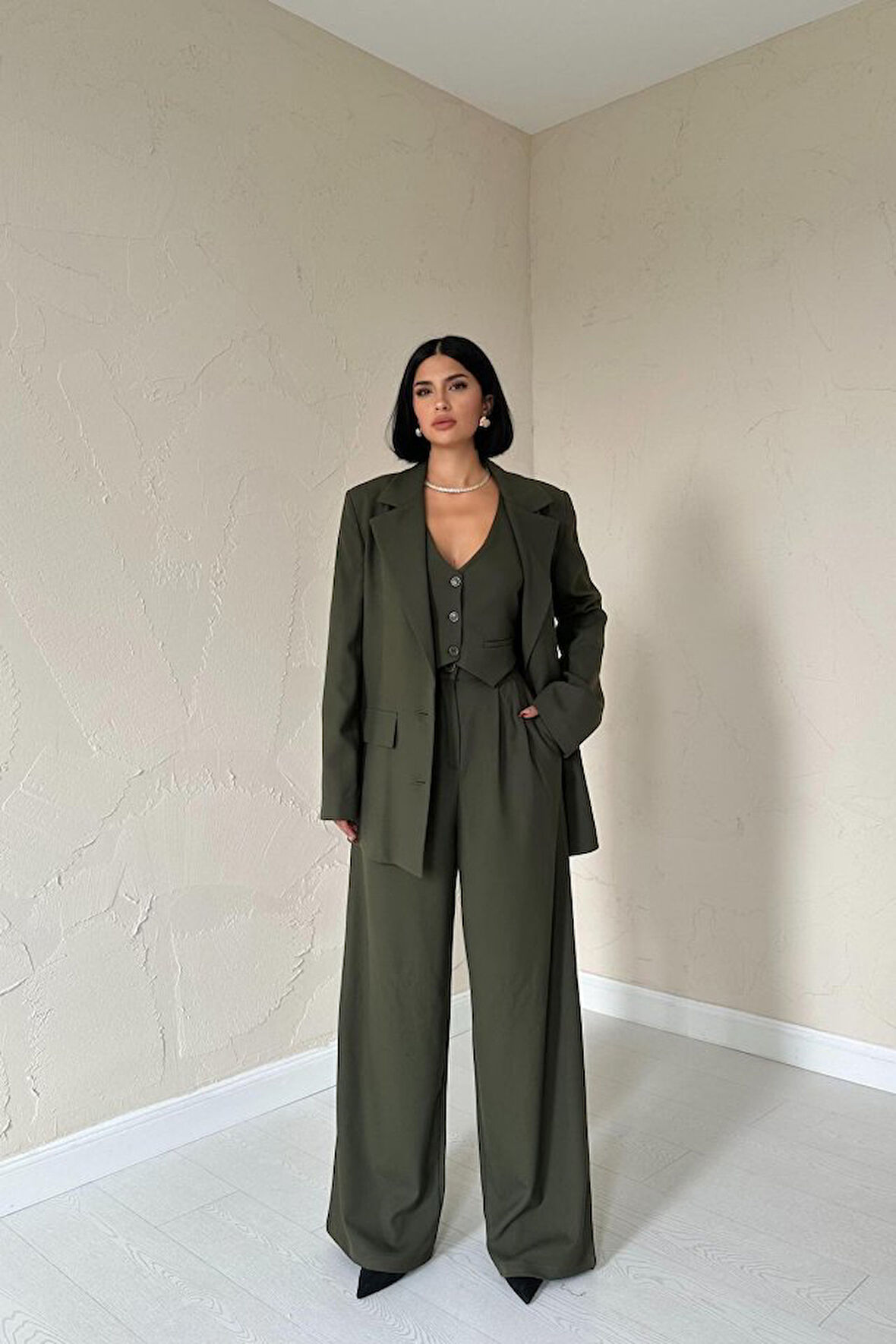 Haki Klas Ceket Ve Yelek Ve Pantolon Takım