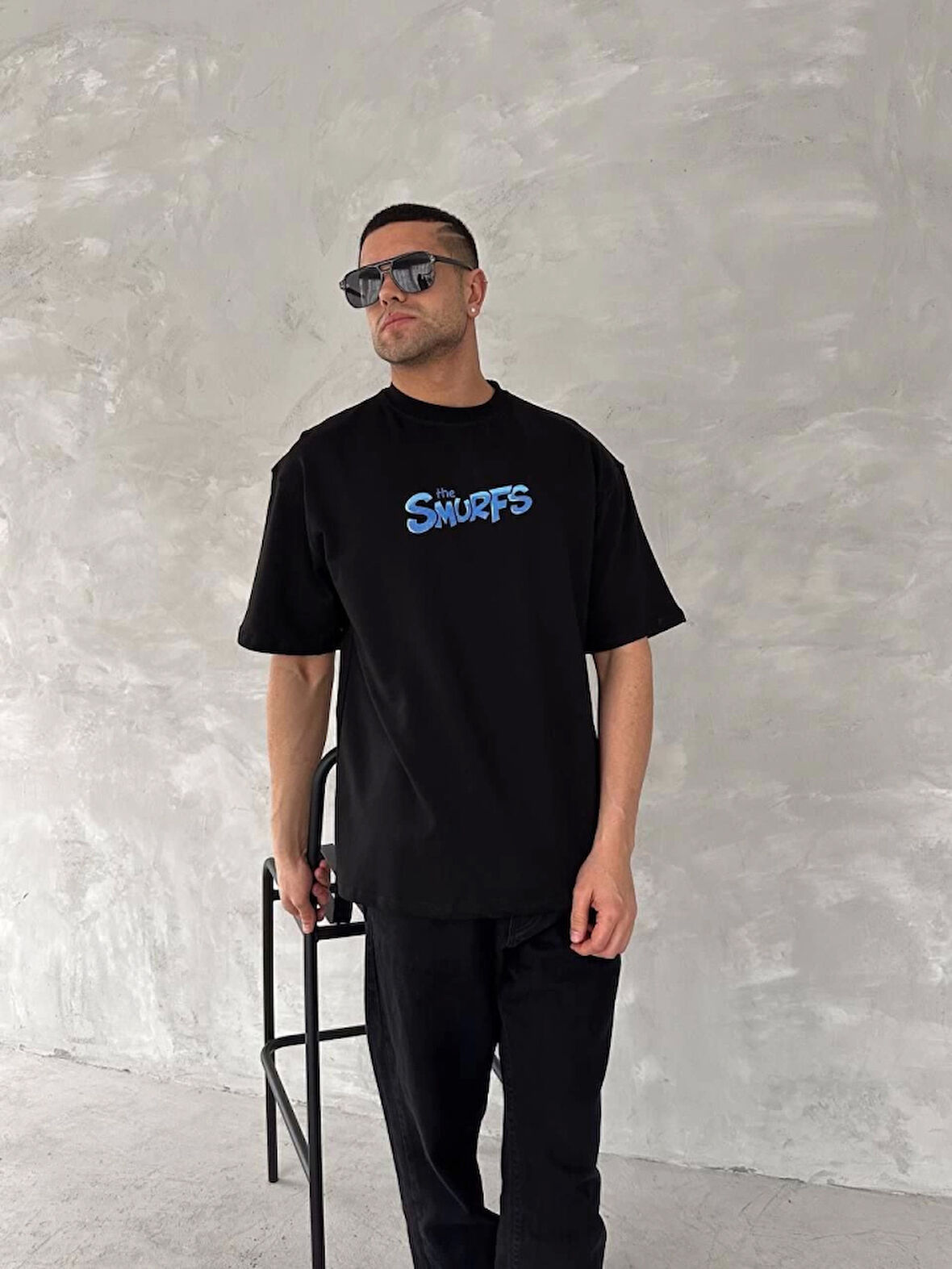 Ön Ve Arka Baskılı Oversize Bisiklet Yaka T-shirt- Siyah