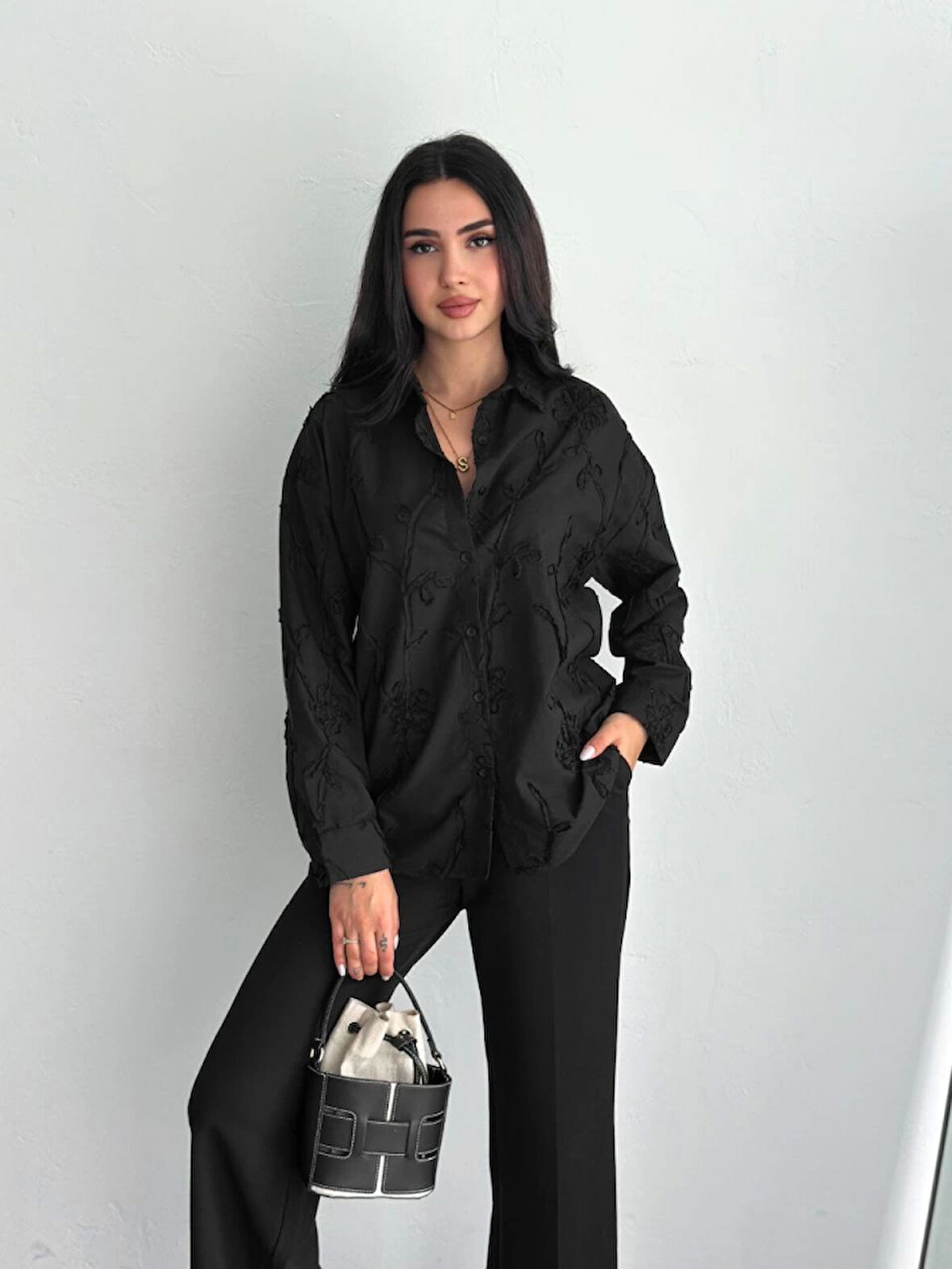 Nakışlı Uzun Kollu Gömlek - Siyah