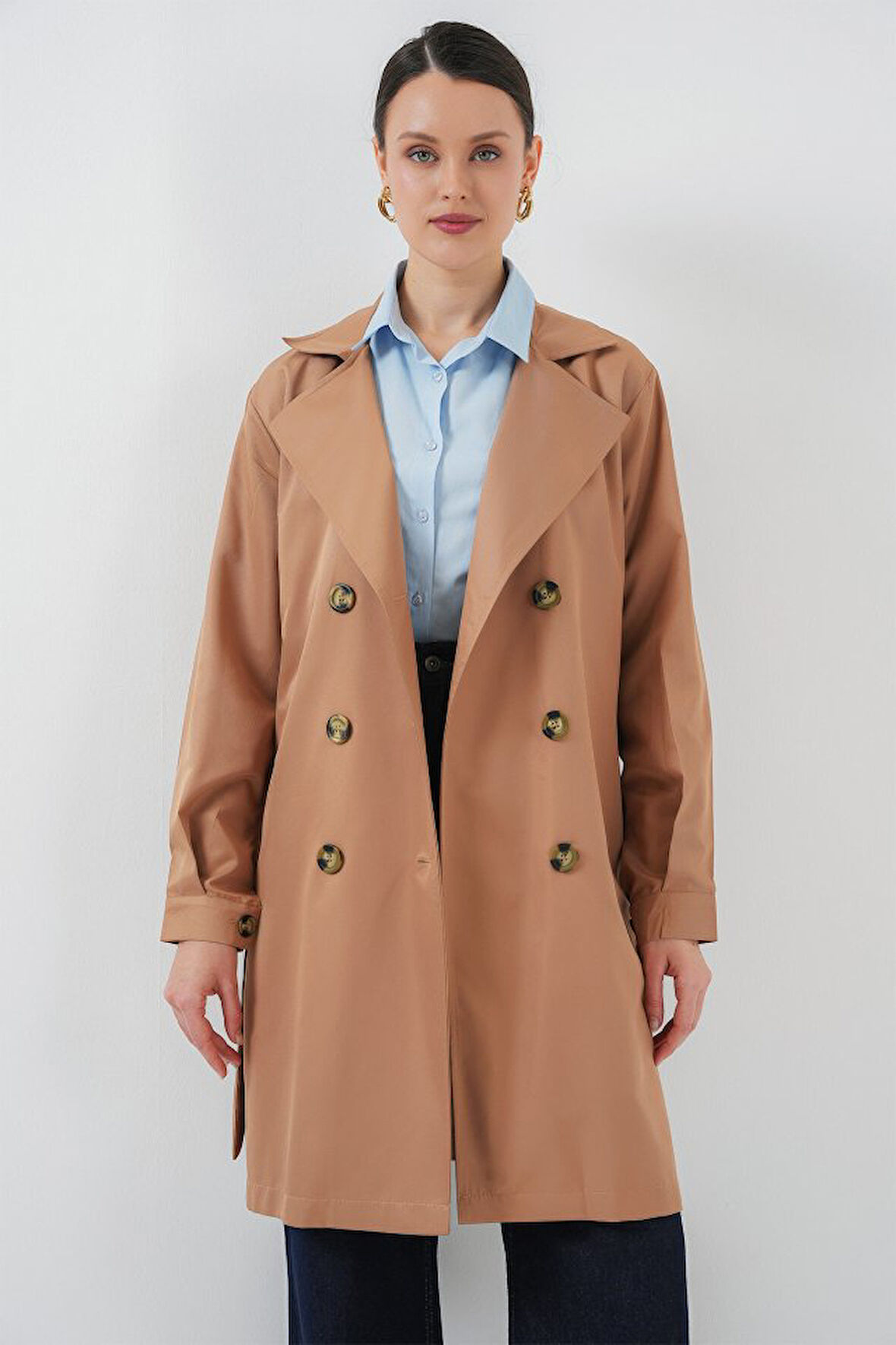 5864 Kruvaze Yaka Kısa Trençkot - Taba