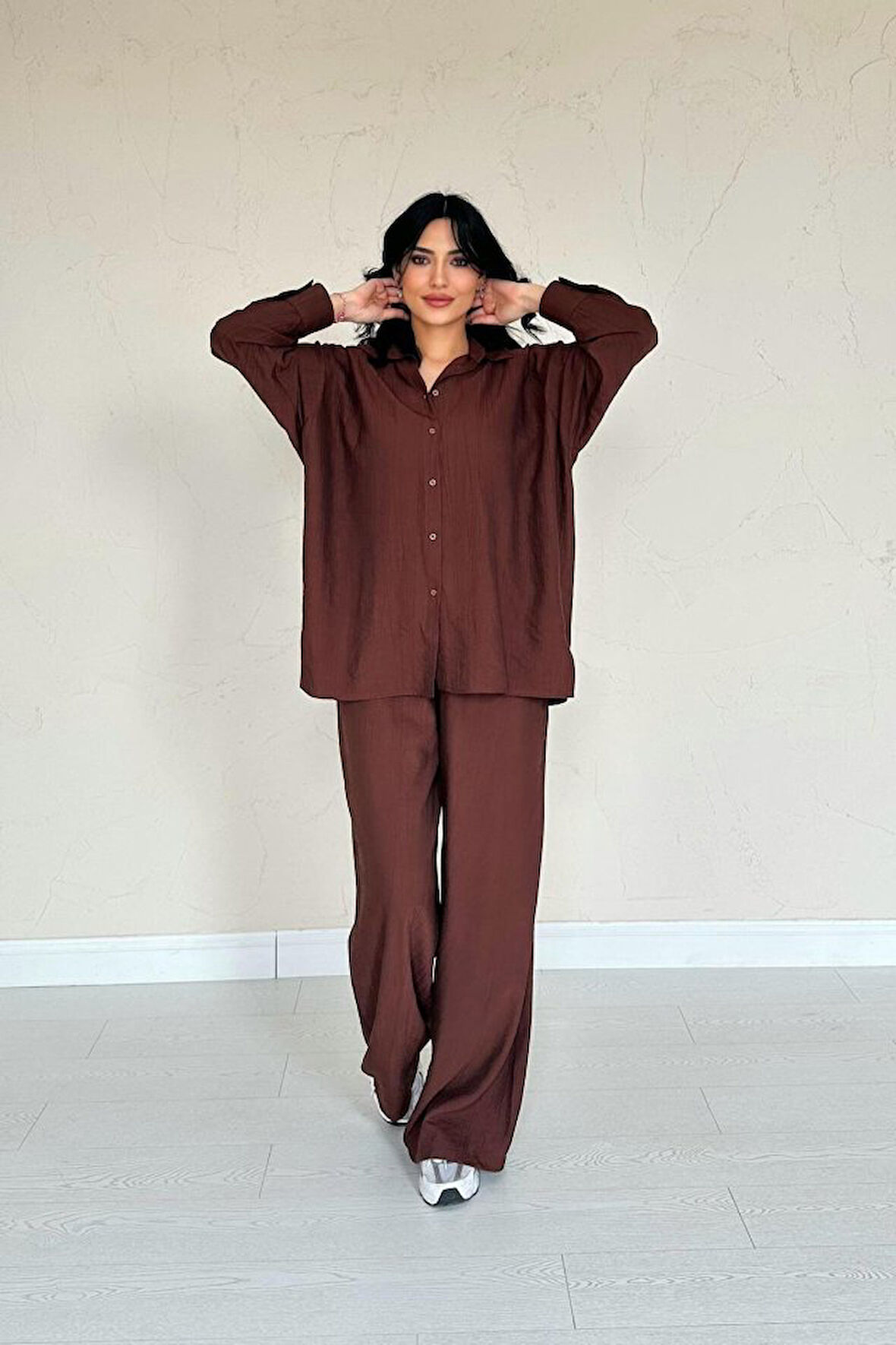 Kahverengi Alice Gömlek Ve Bol Kesim Pantolon Takım