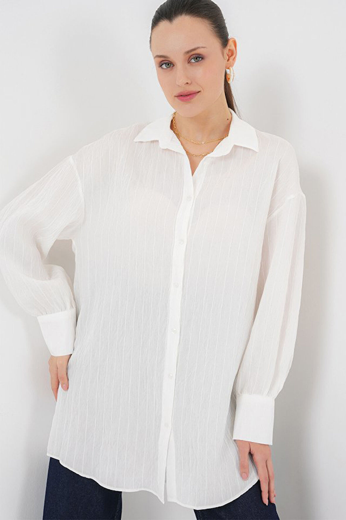 Çizgili Uzun Gömlek Tunik 5963 - Beyaz