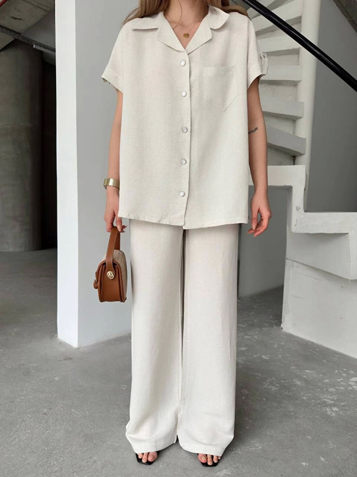Keten Kısa Kollu Cepli Gömlek Pantolon Ikili Takım - Beyaz