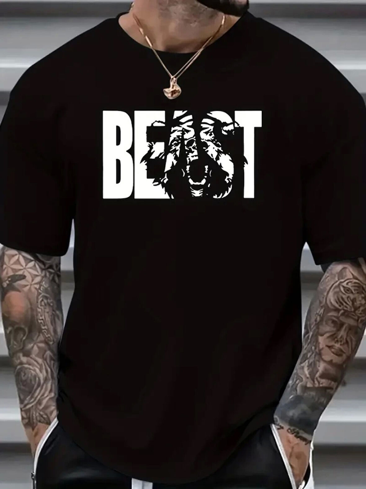 Baskılı Oversize Bisiklet Yaka T-shirt - Siyah