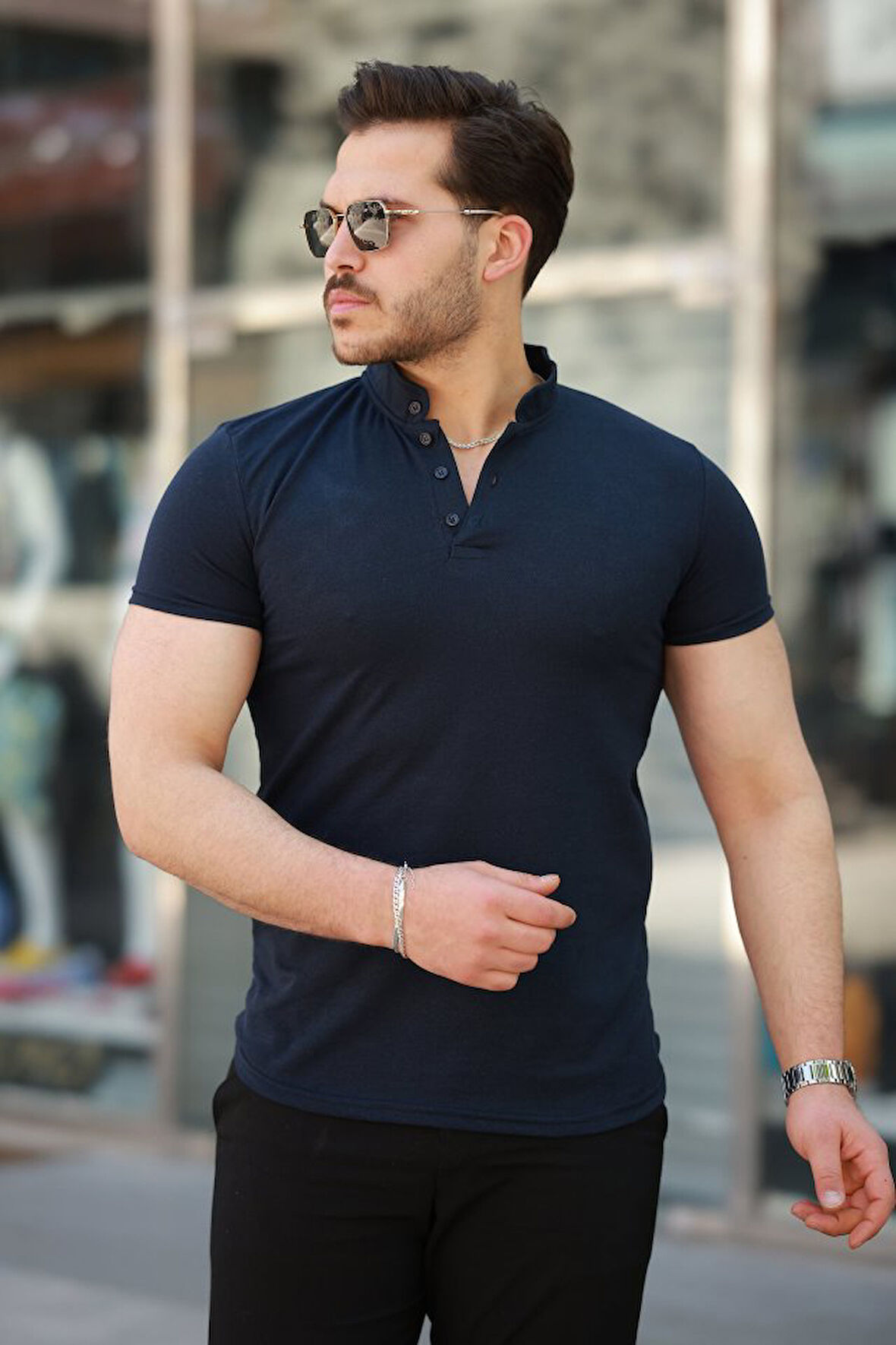 Erkek Hakim Yaka Dokuma Pamuklu Kumaş Kısa Kollu T-shirt