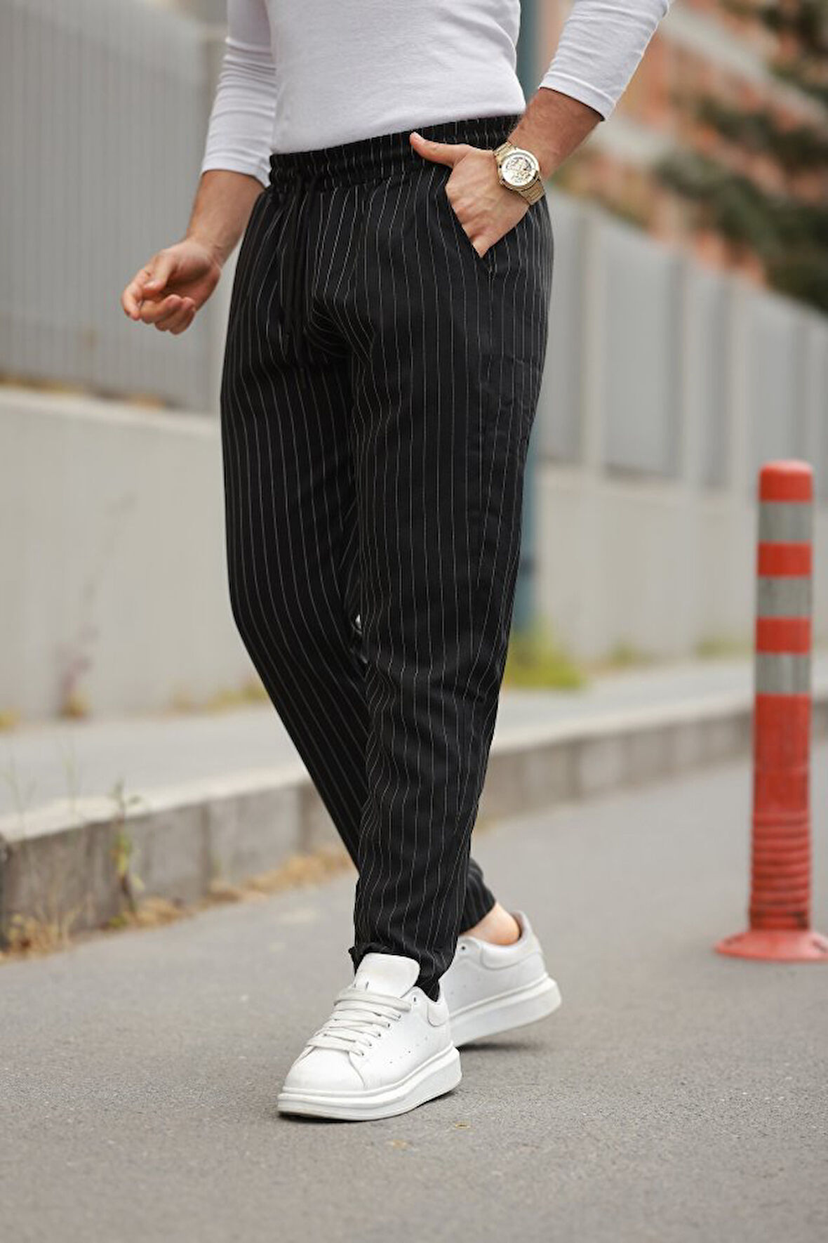Erkek Beli Bağcıklı çizgili Pantolon