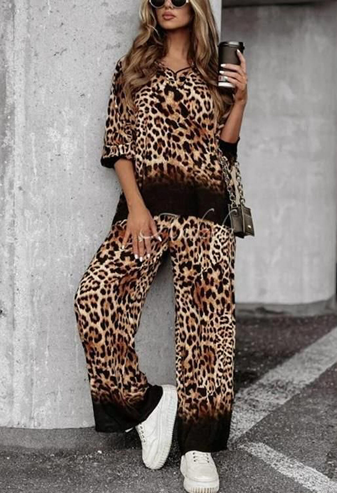 Kadın Dalgıç Kumaş Leopar Desenli Fermuar Detaylı Ikili Tamım