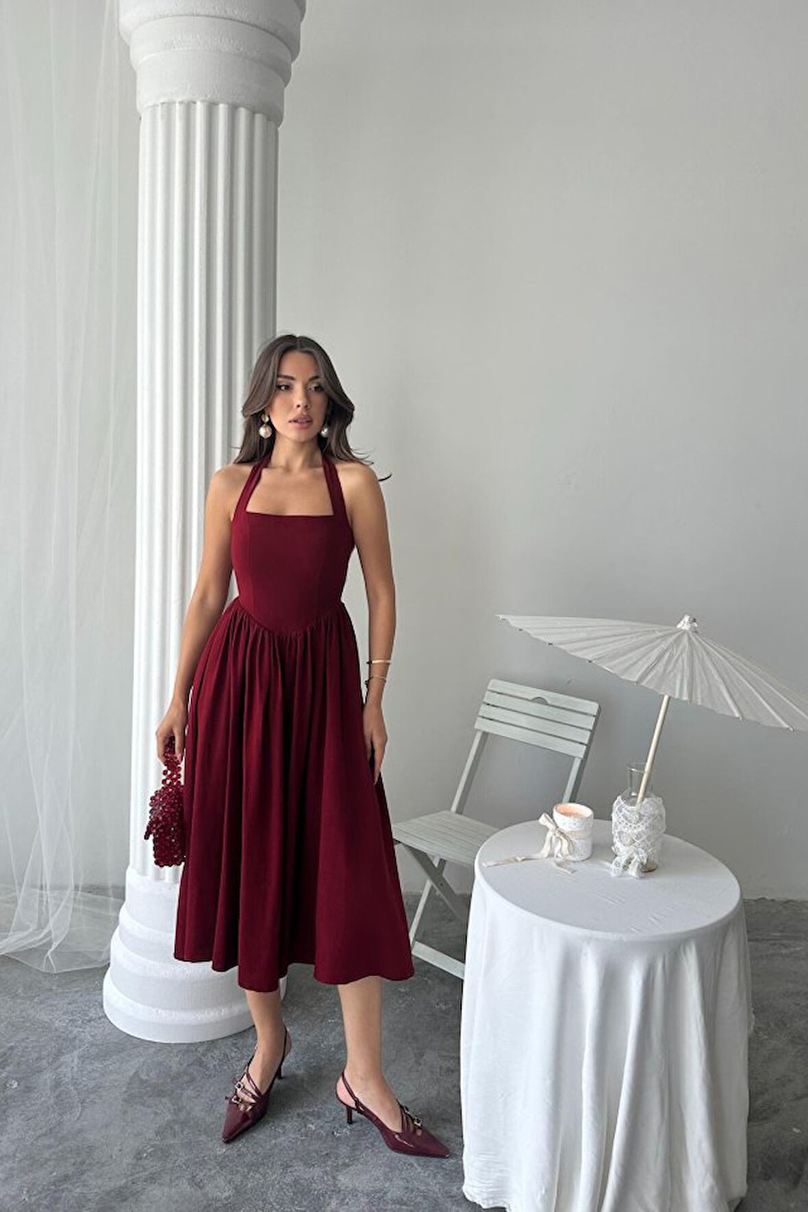 Bordo Boyundan Bağlamalı Keten Elbise