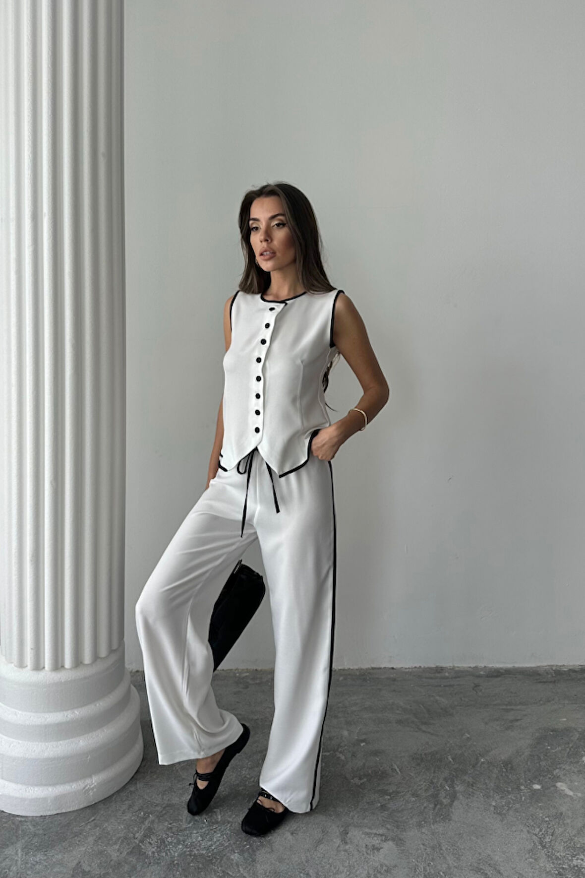KETEN KENARLARI BİYELİ YELEK - PANTOLON TAKIM - Beyaz