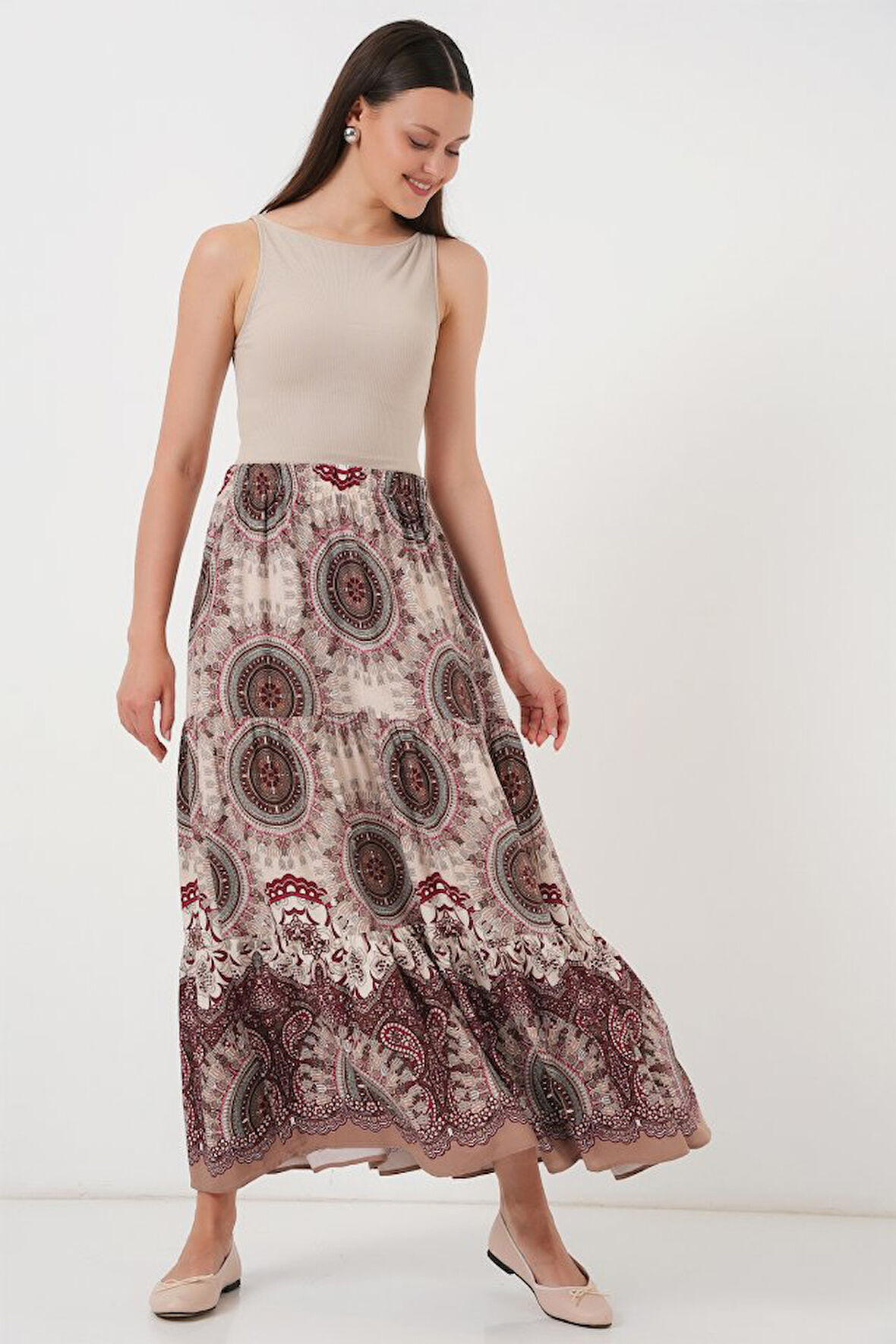 1898 Desenli Uzun Etek - Kahverengi