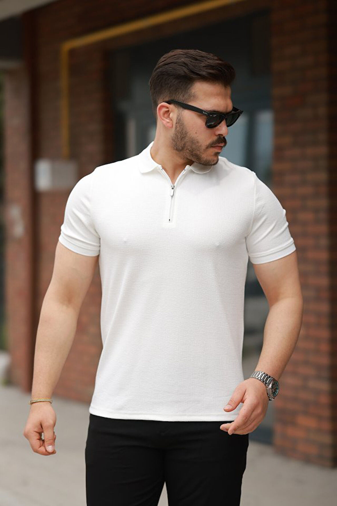 Erkek Fermuarlı Yaka Kısa Kollu Tişört