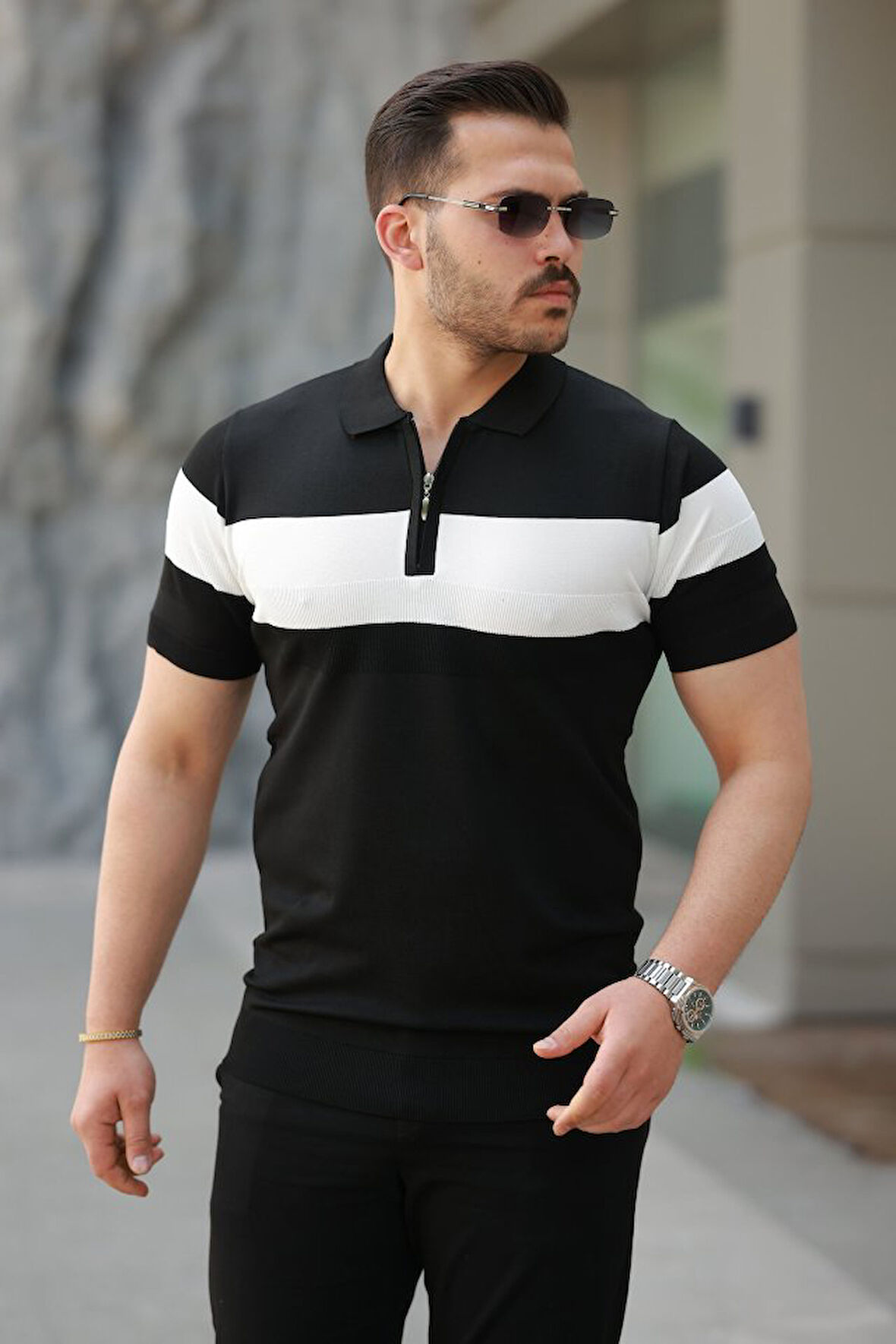 Erkek Fermuar Yakalı şerit Renk Desenli Kısa Kollu Tişört