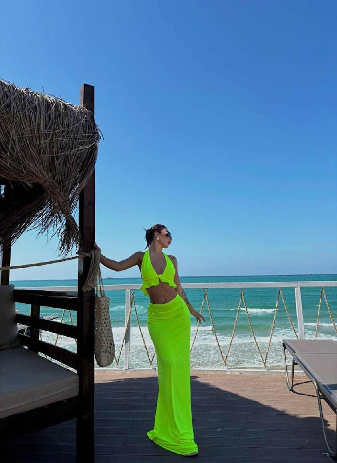 Kadın Mayo Kumaş Bağlamalı Crop Ve Maxi Boy Etek Ikili Takım