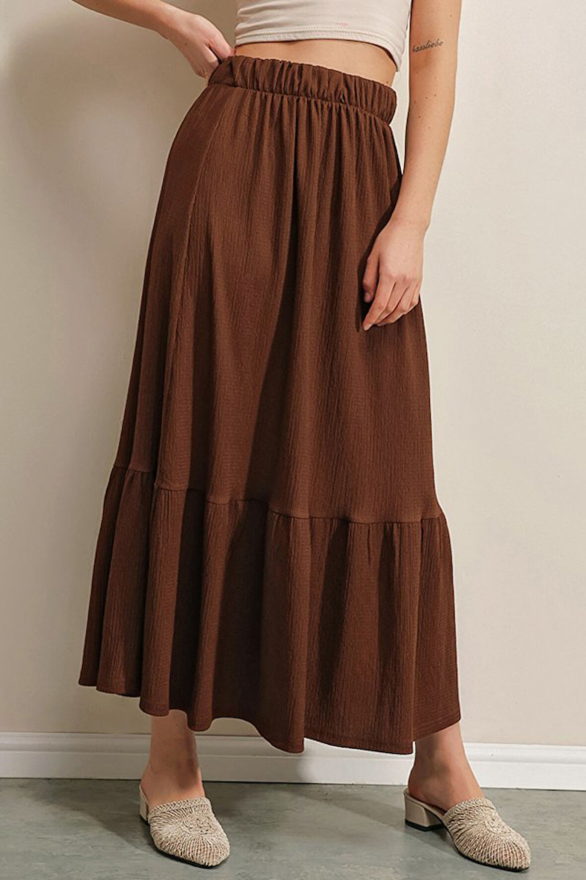 1886 Uzun Örme Etek - Kahverengi