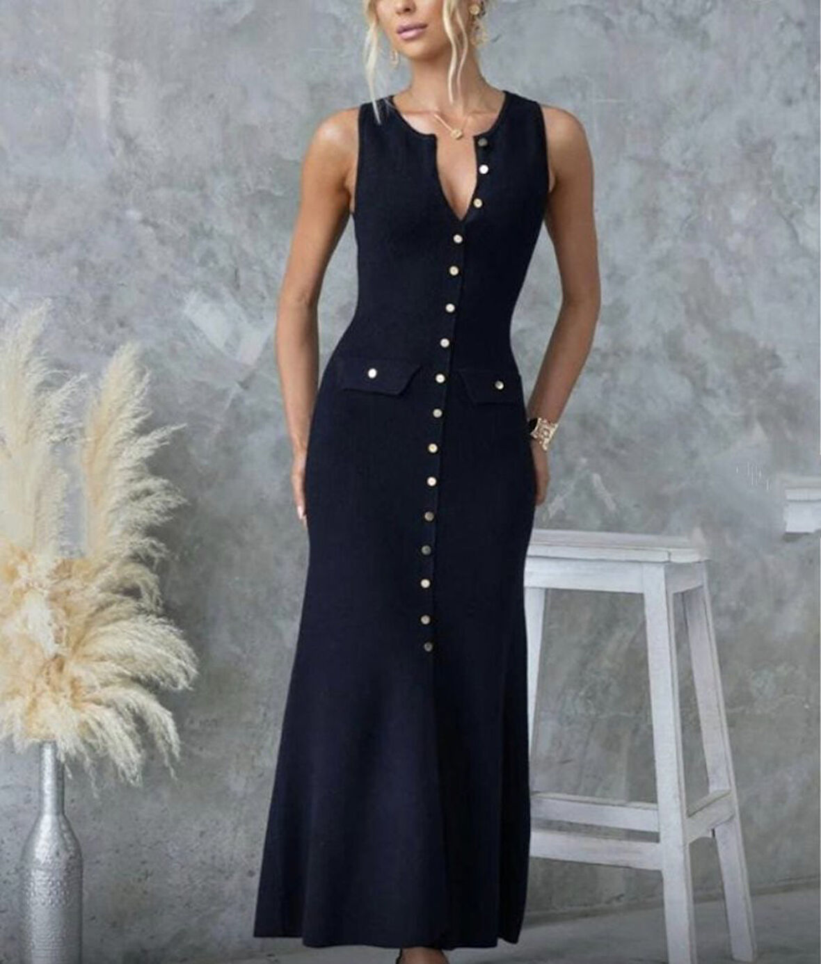 Kadın Kaşkorse Kumaş Düğme Detaylı Kolsuz Maxi Boy Elbise