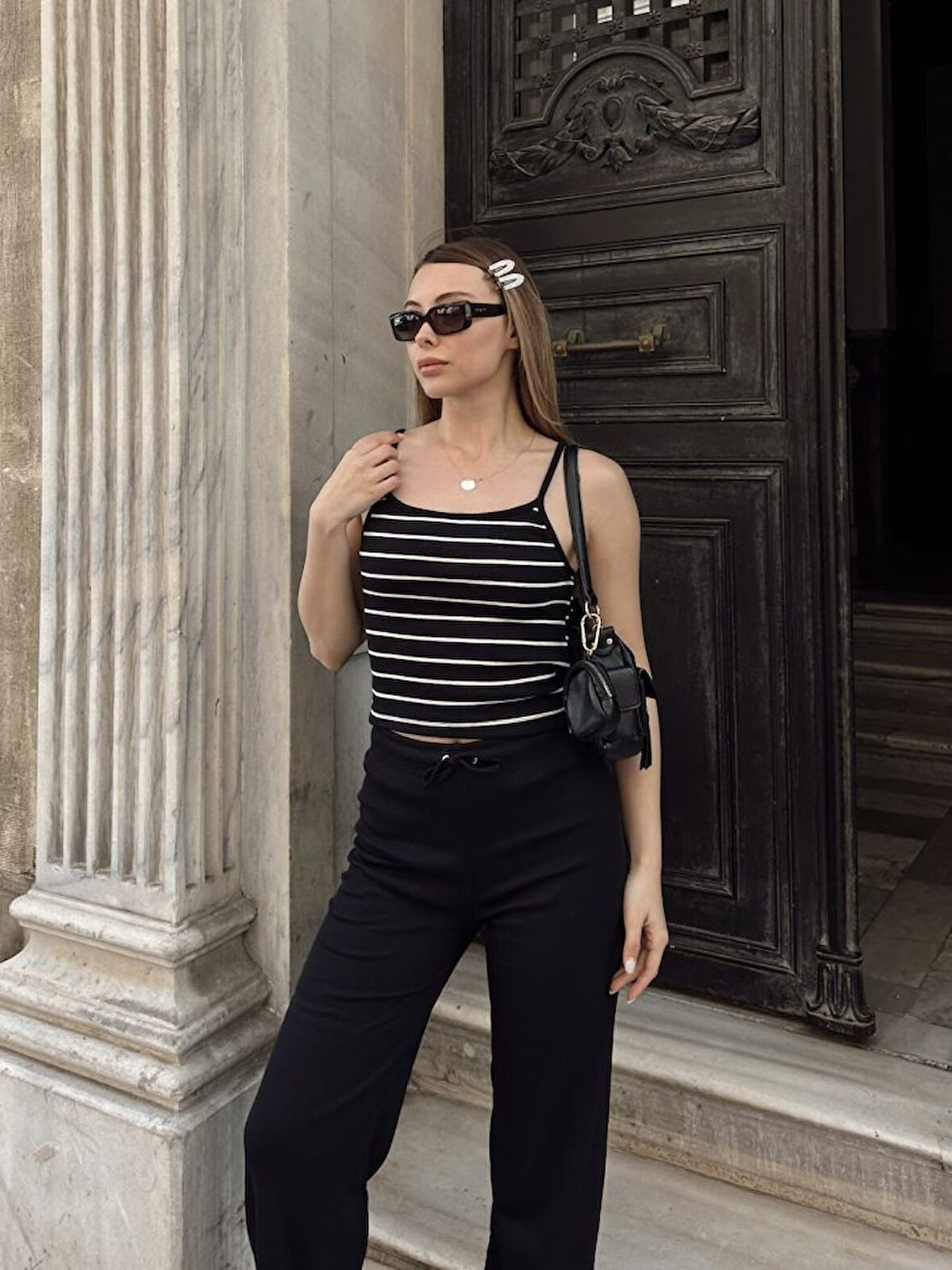 Kadın Kaşkorse Kumaş Askılı çizgili Takım