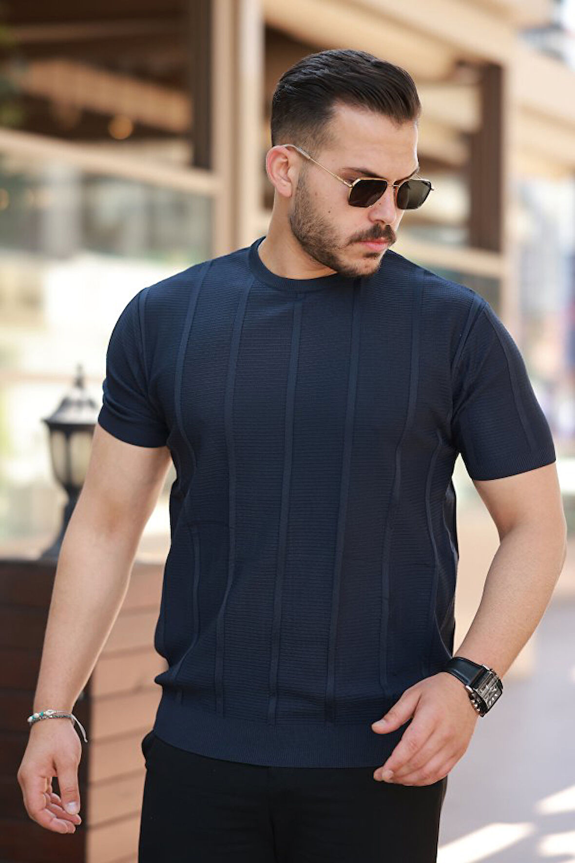 Erkek Desenli çizgi Kabartmalı Kısa Kollu Tişört